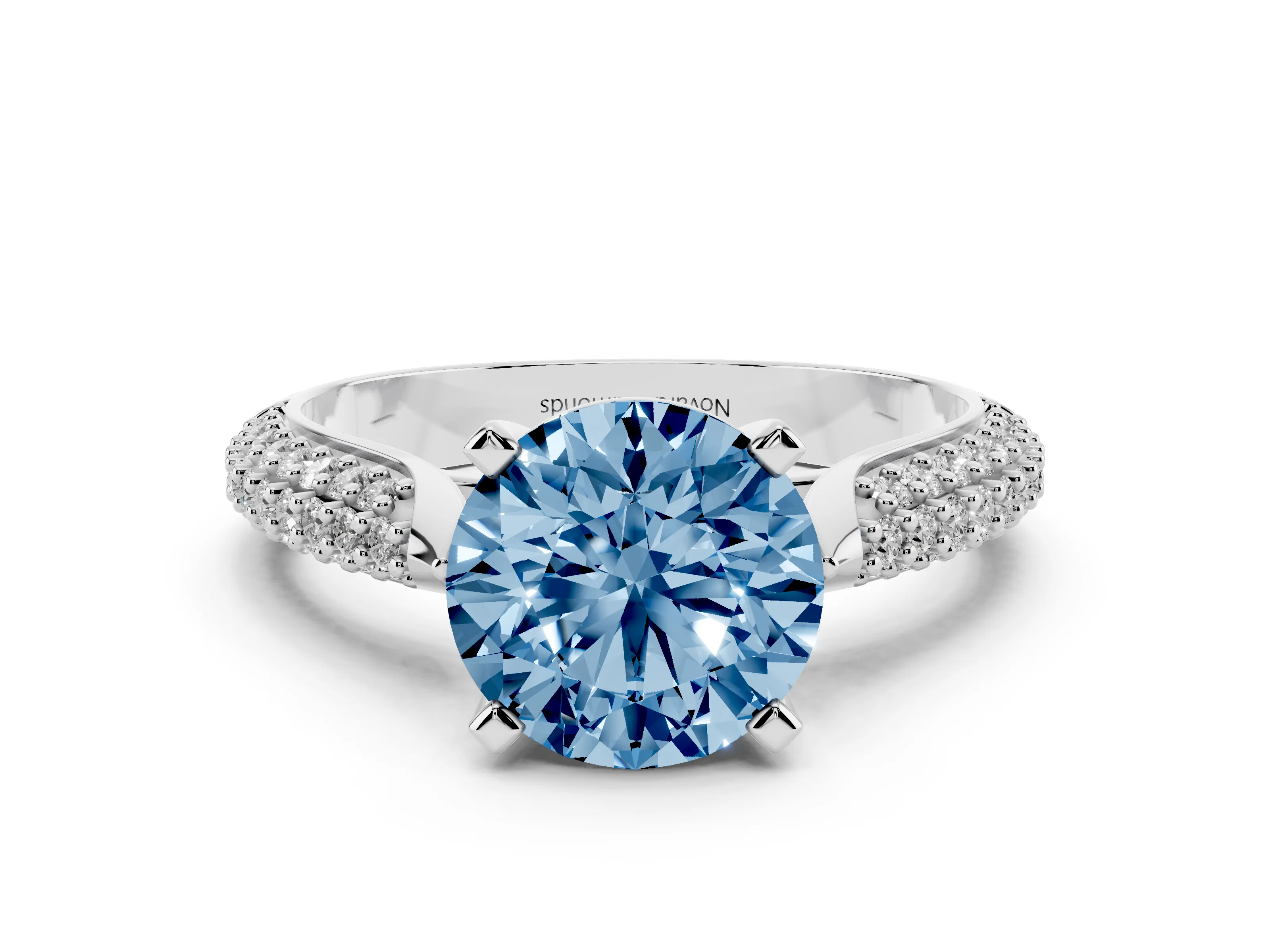 Fancy Blue Round Cut Diamond Solitaire Engagement Ring Set in Platinum with Multi-Row Round Pavé Band and Prong Setting