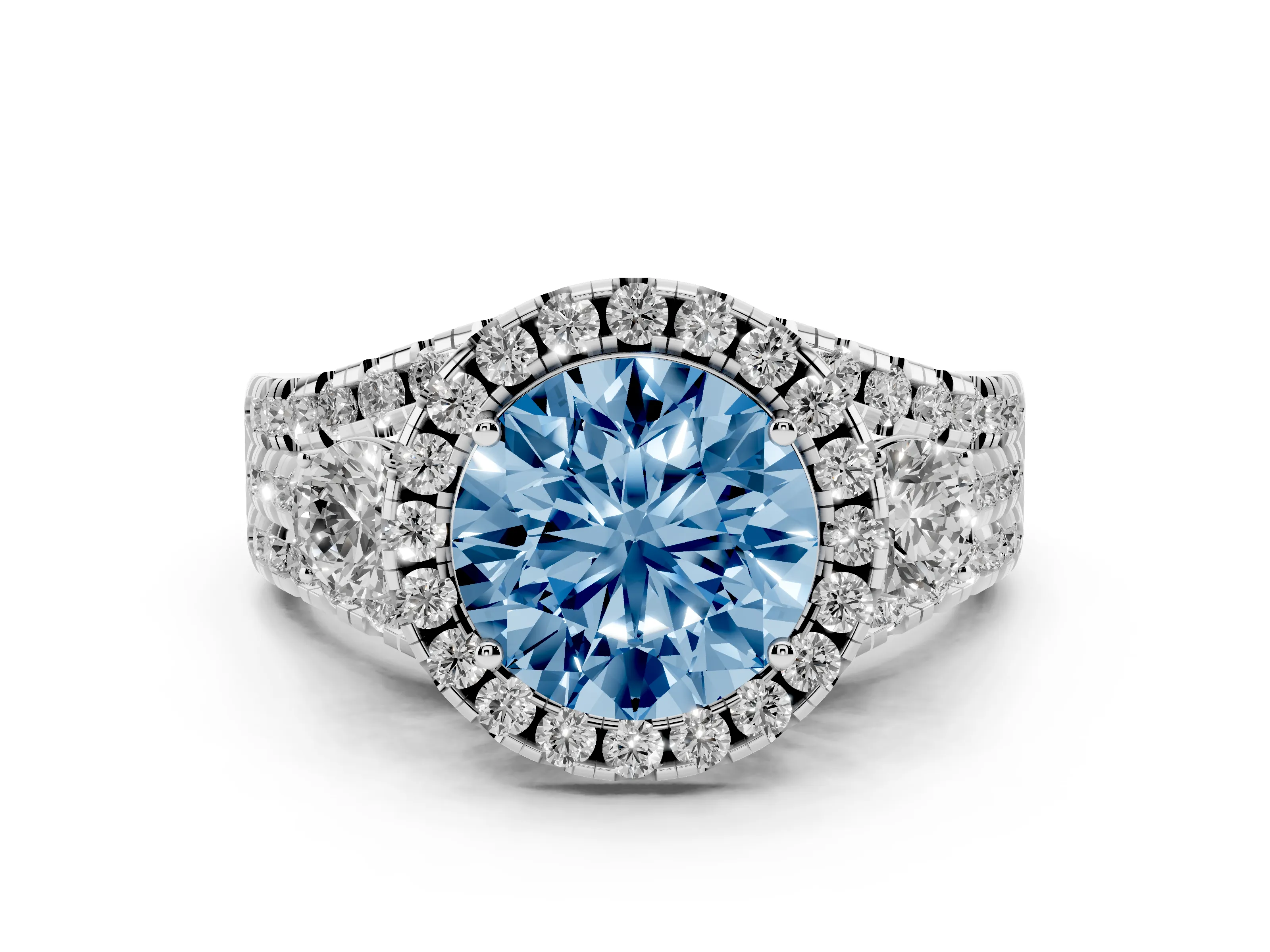 Fancy Blue Round Cut Diamond Halo Split Shank Ring Set in White gold with Round Accent Stones and Prong Setting