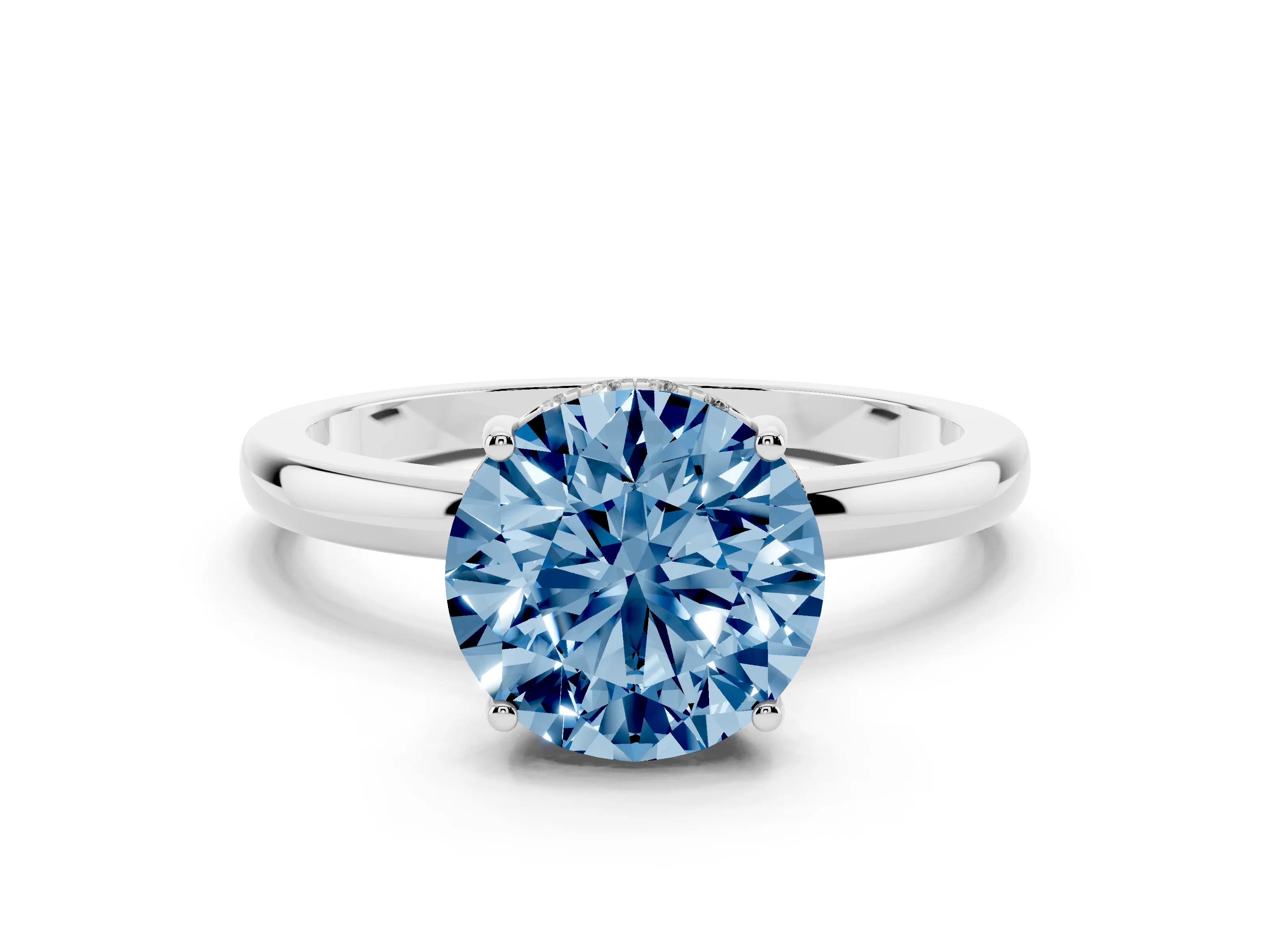 Fancy Blue Round Cut Diamond Solitaire Ring Set in White gold with Plain Band and Prong Setting
