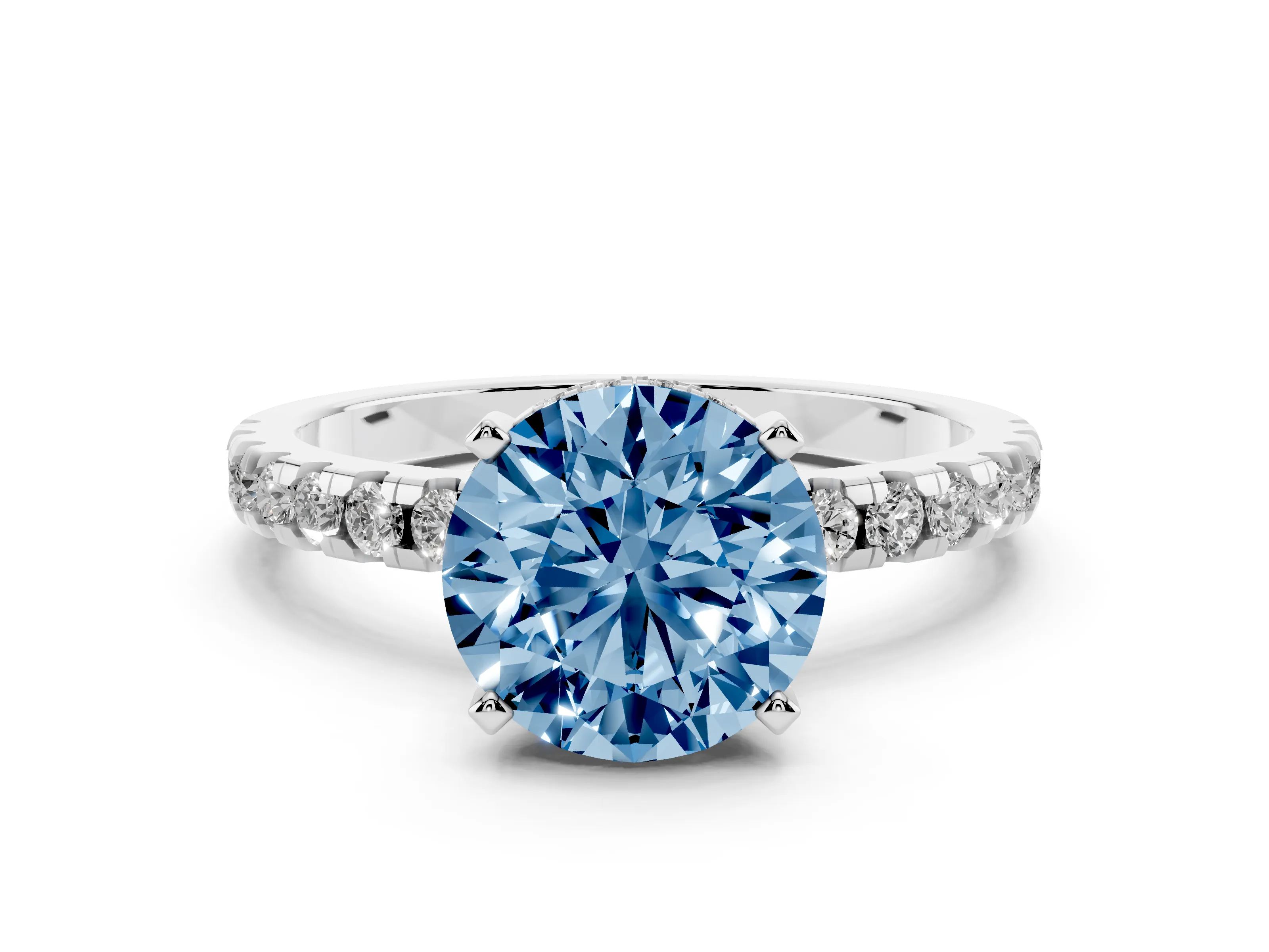 Fancy Blue Round Cut Diamond Pavé Solitaire Ring Set in Platinum with Round Band Accents and Prong Setting