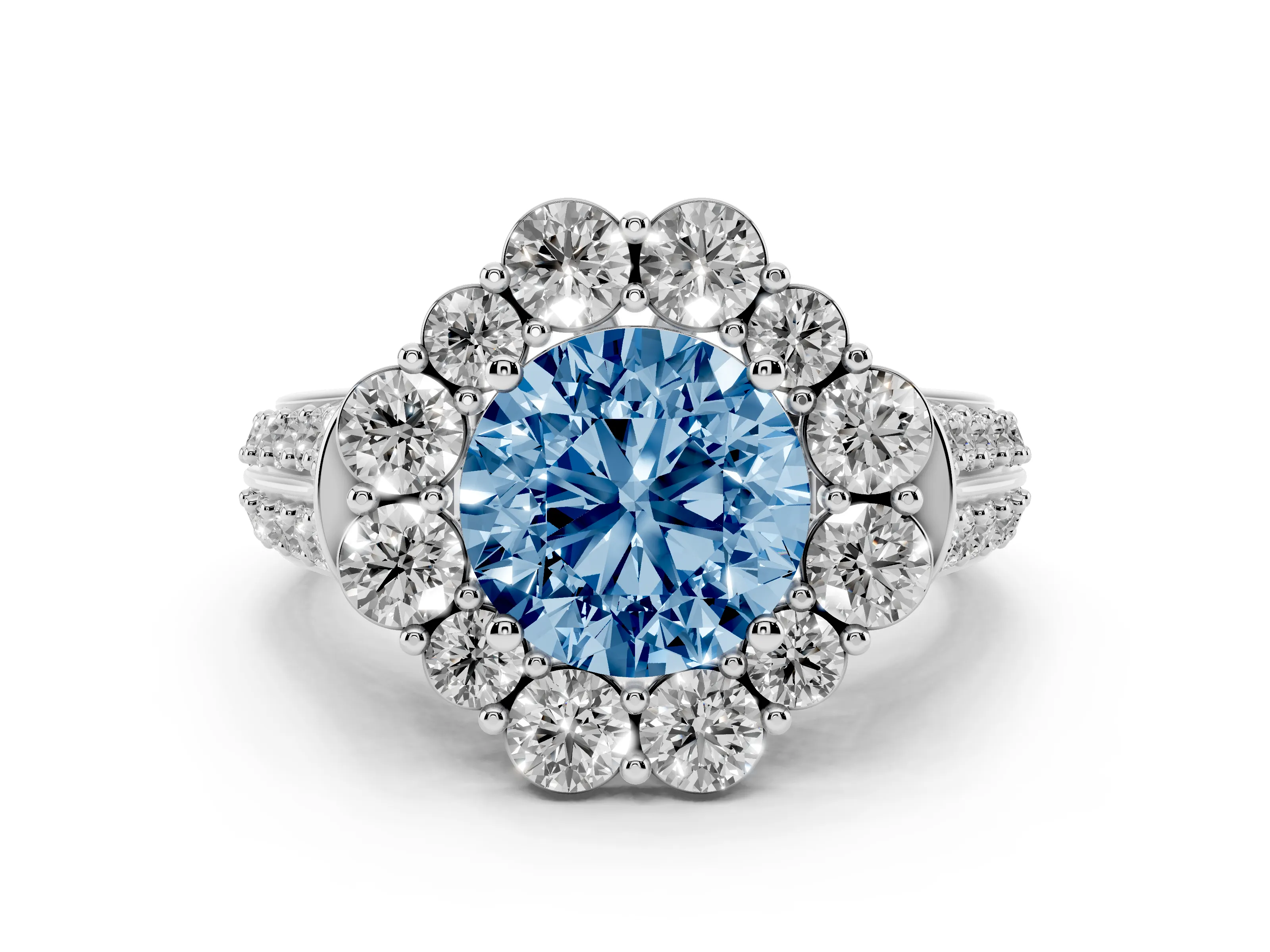 Fancy Blue Round Cut Diamond Halo Engagement Ring Set in Platinum with Split Shank and Prong Setting