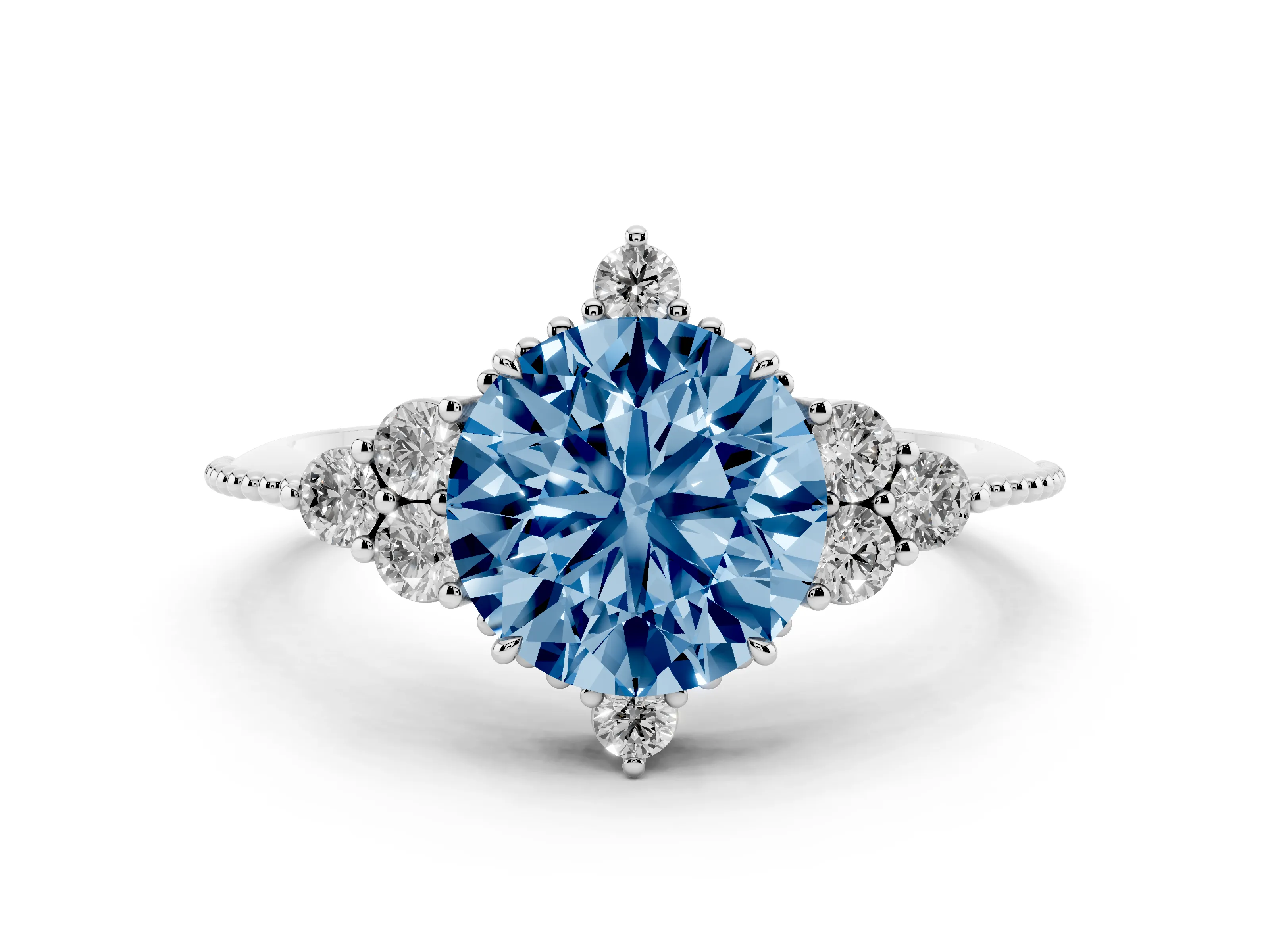 Fancy Blue Round Cut Diamond Cluster Ring Set in Platinum with Beaded Band