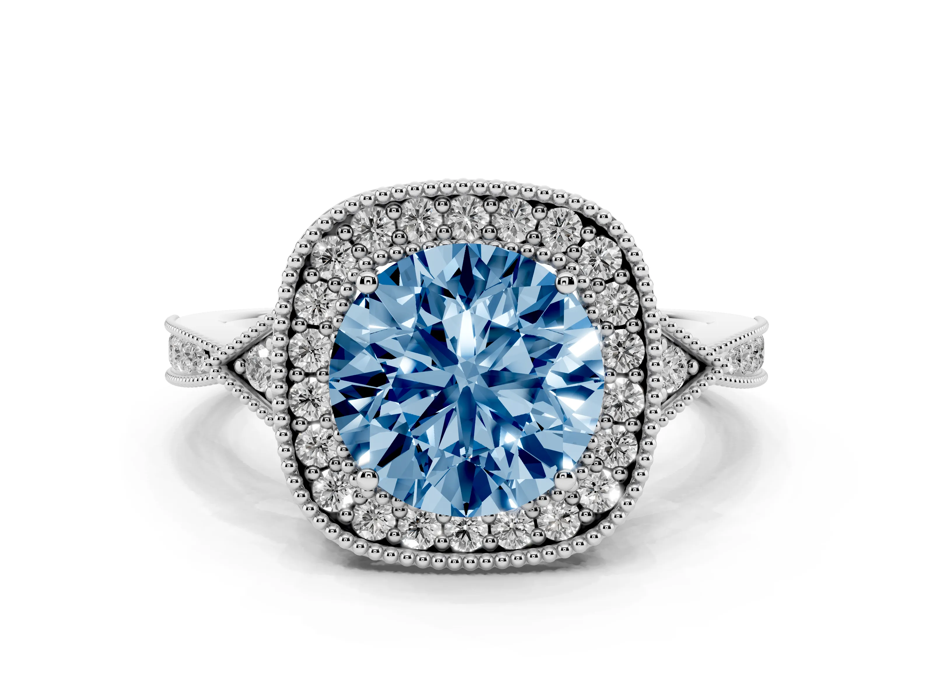 Fancy Blue Round Cut Diamond Halo Engagement Ring Set in Platinum with Milgrain Pavé Band