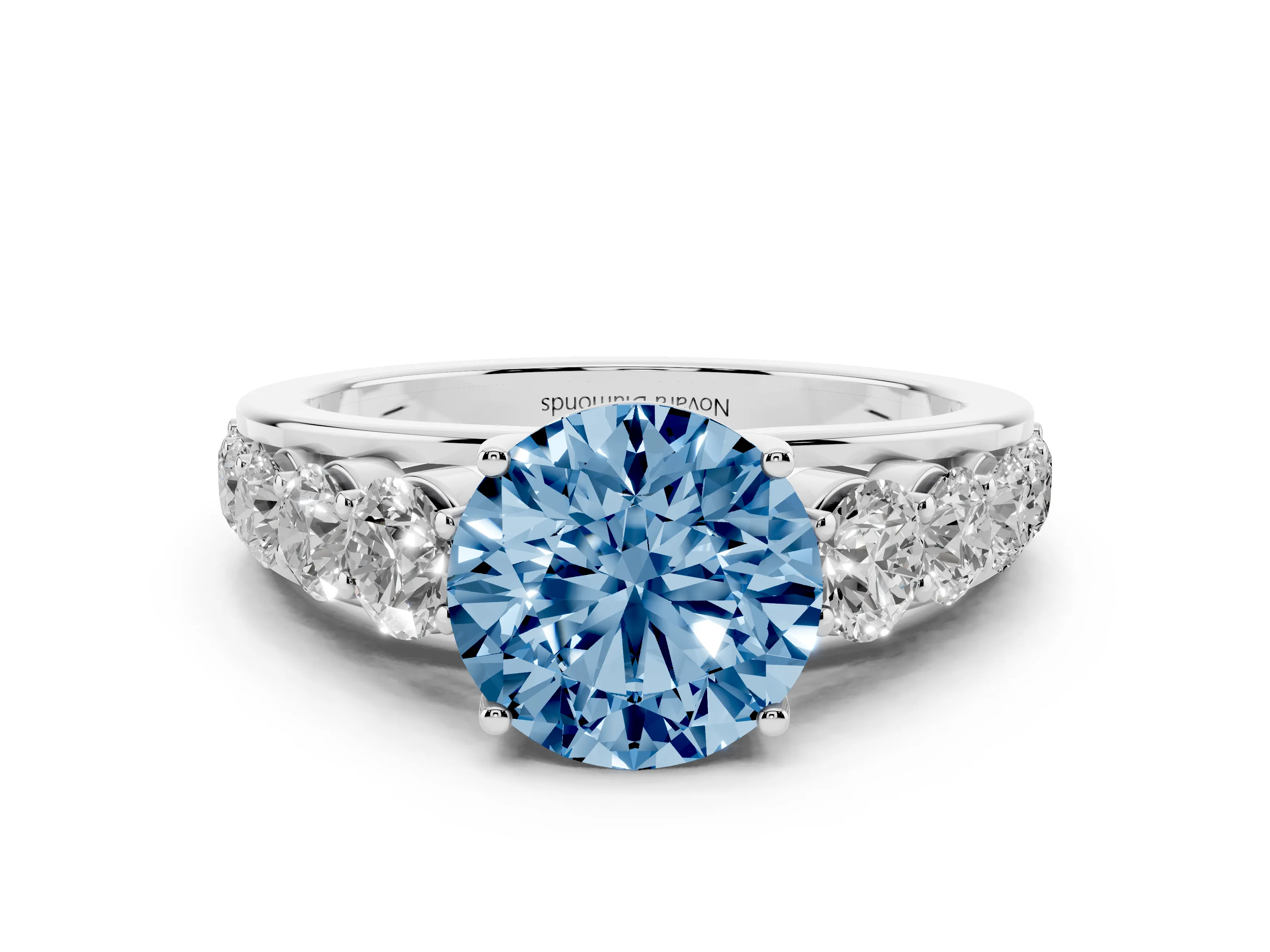 Fancy Blue Round Cut Diamond Solitaire Ring Set in Silver with Pavé-Set Band and Prong Setting