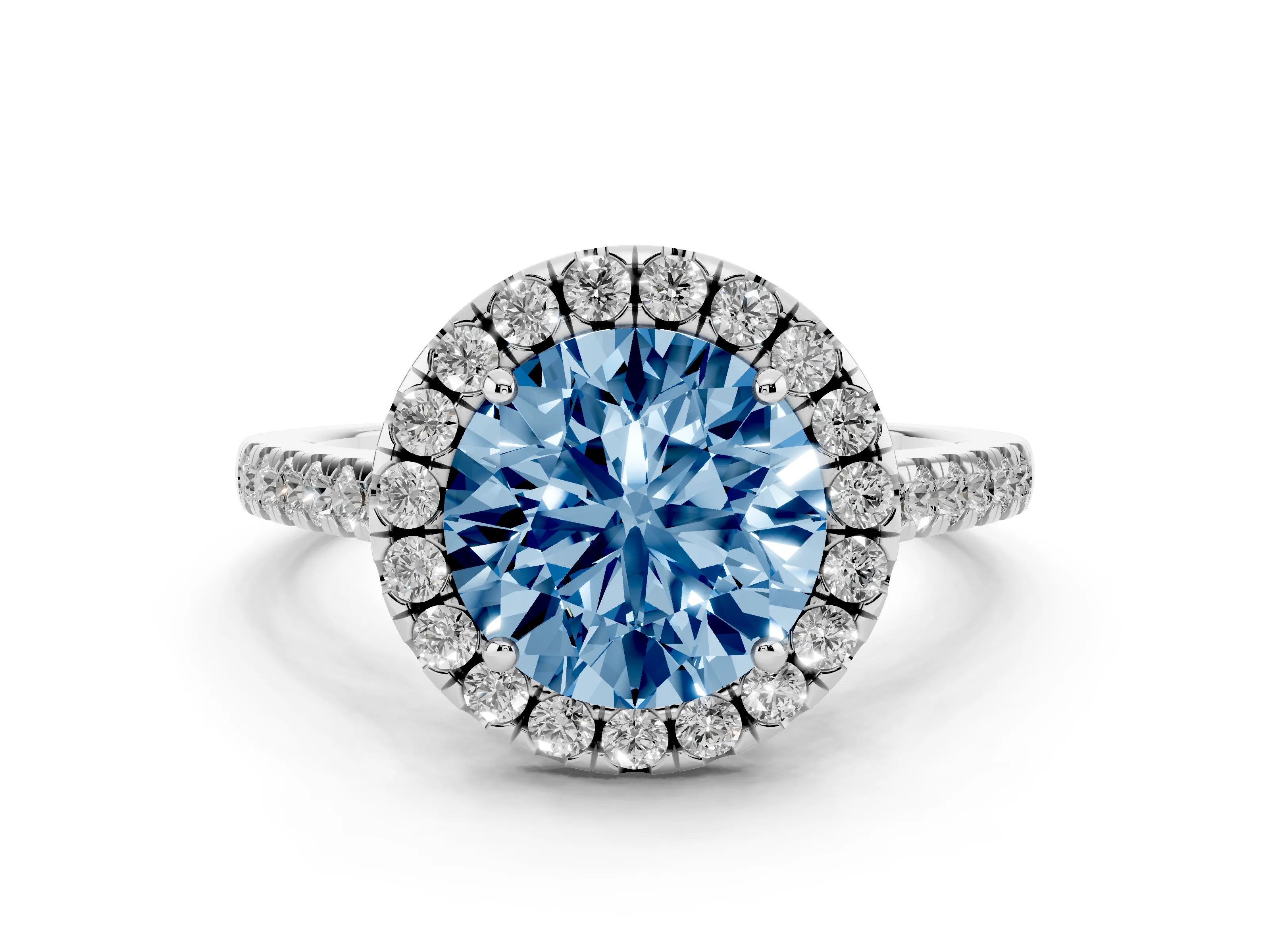 Fancy Blue Round Cut Diamond Pavé Halo Engagement Ring Set in Silver with Pavé Band and Prong Setting