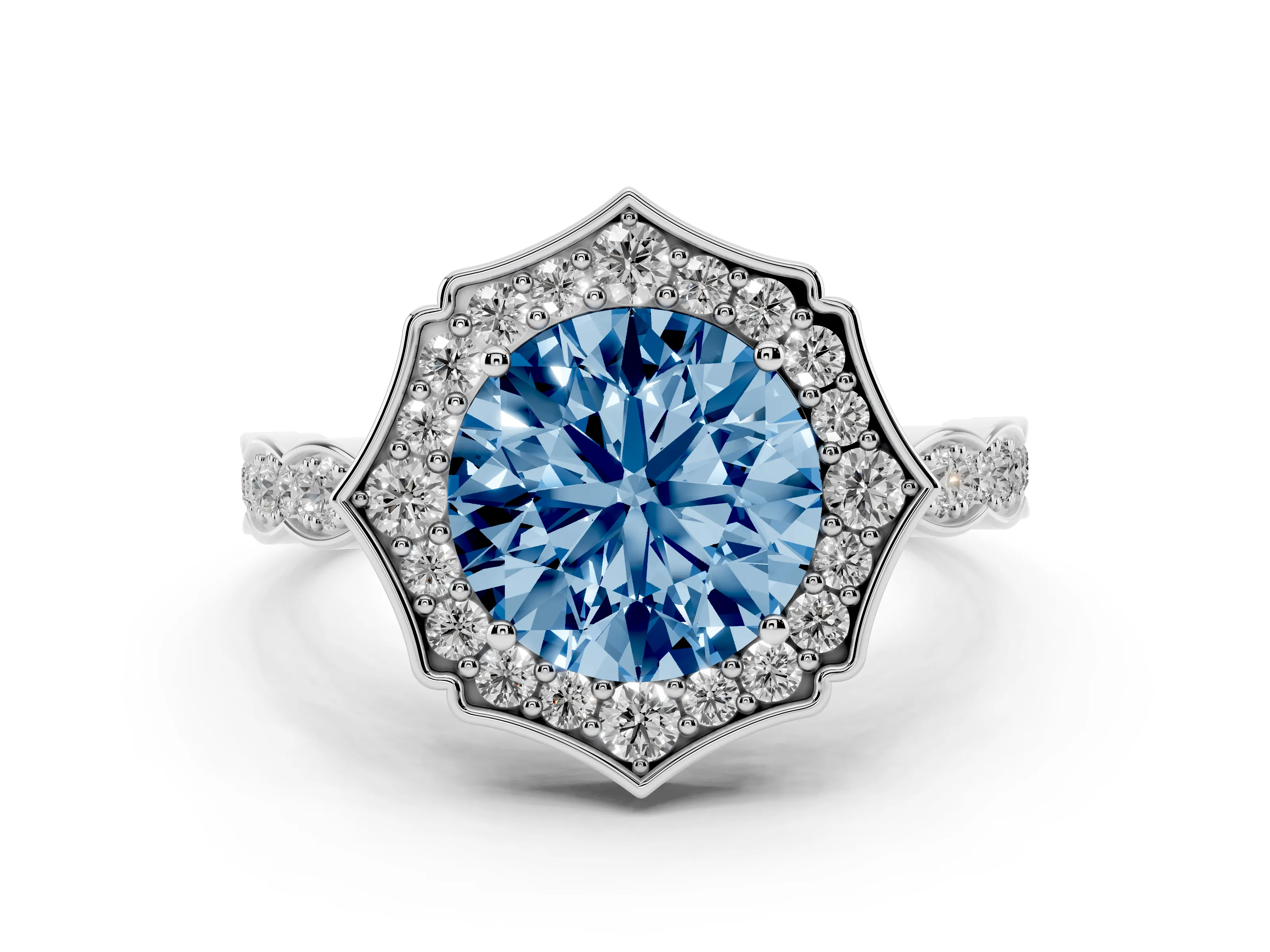 Fancy Blue Round Cut Diamond Halo Engagement Ring Set in White gold with Milgrain Band and Prong Setting
