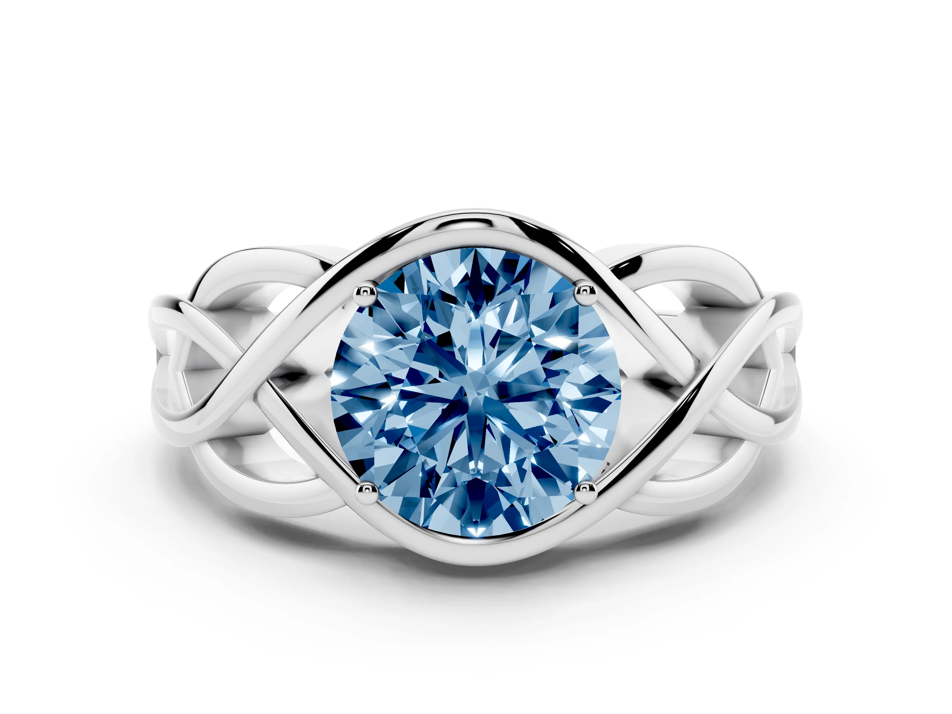 Fancy Blue Round Cut Diamond Solitaire Ring Set in Silver with Intertwined Band