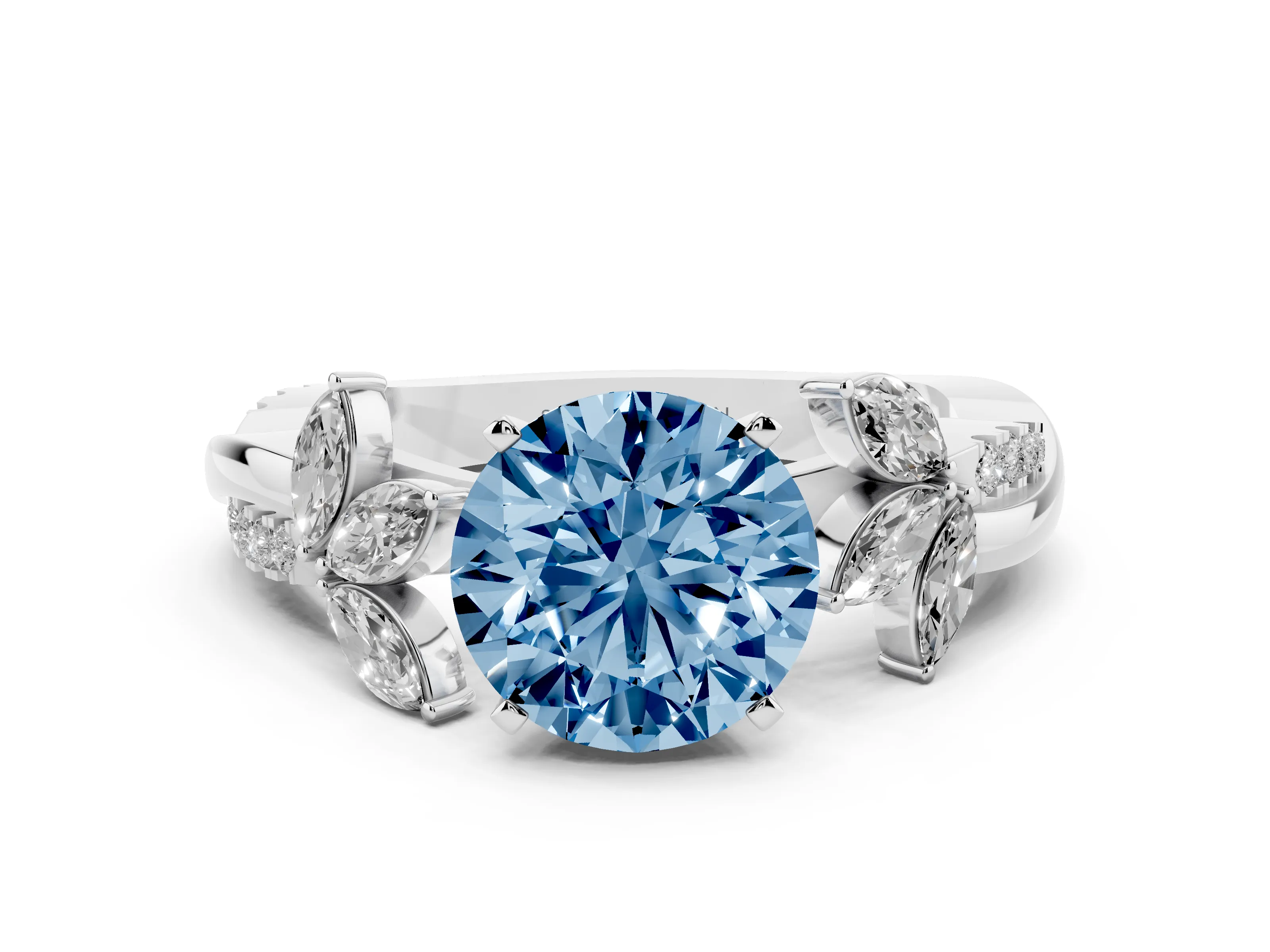 Fancy Blue Round Cut Diamond Floral Vine Solitaire Engagement Ring Set in Silver with Marquise Leaves