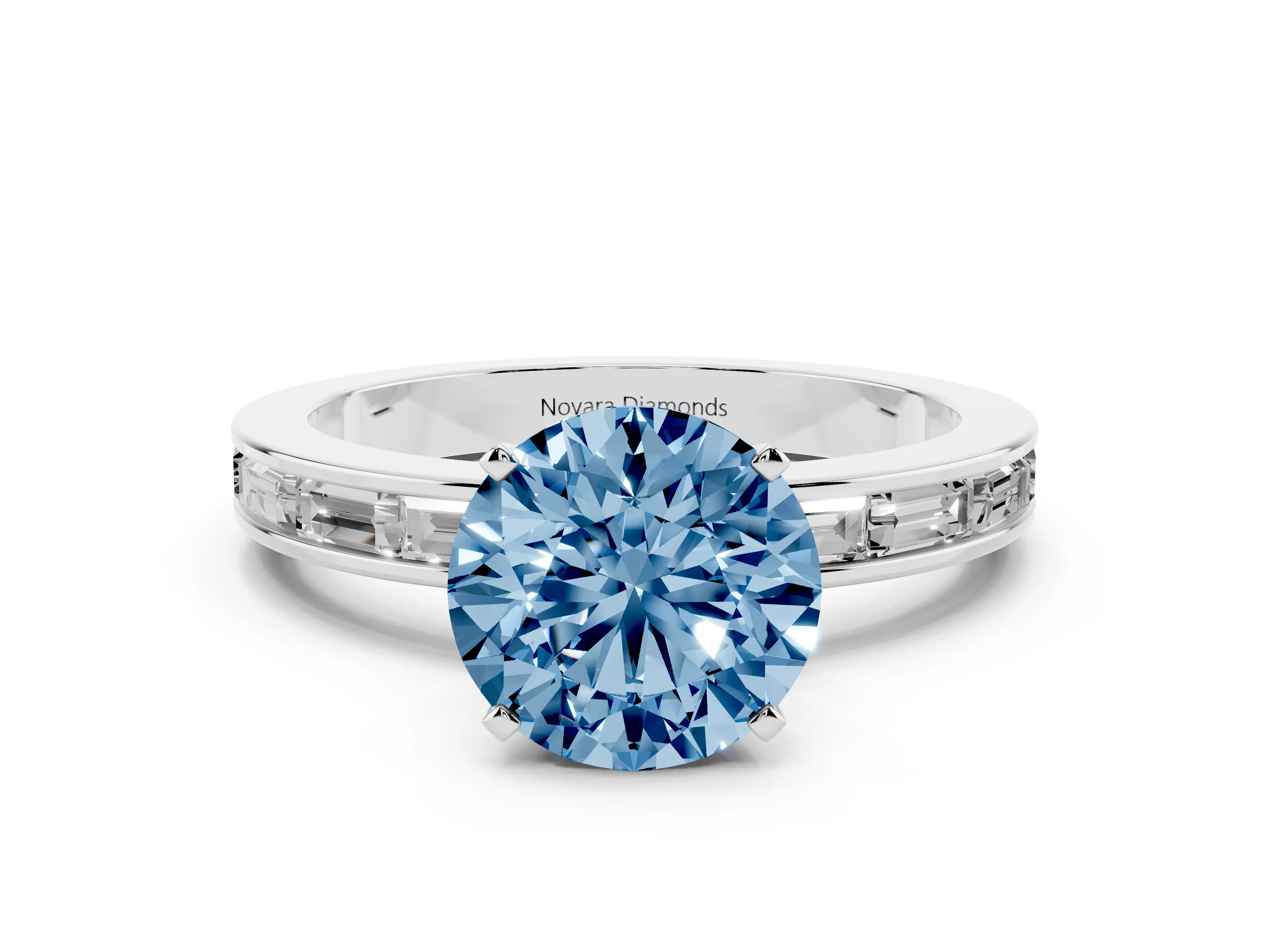 Fancy Blue Round Cut Diamond Solitaire Ring Set in Platinum with Channel-Set Baguette Band and Prong Setting