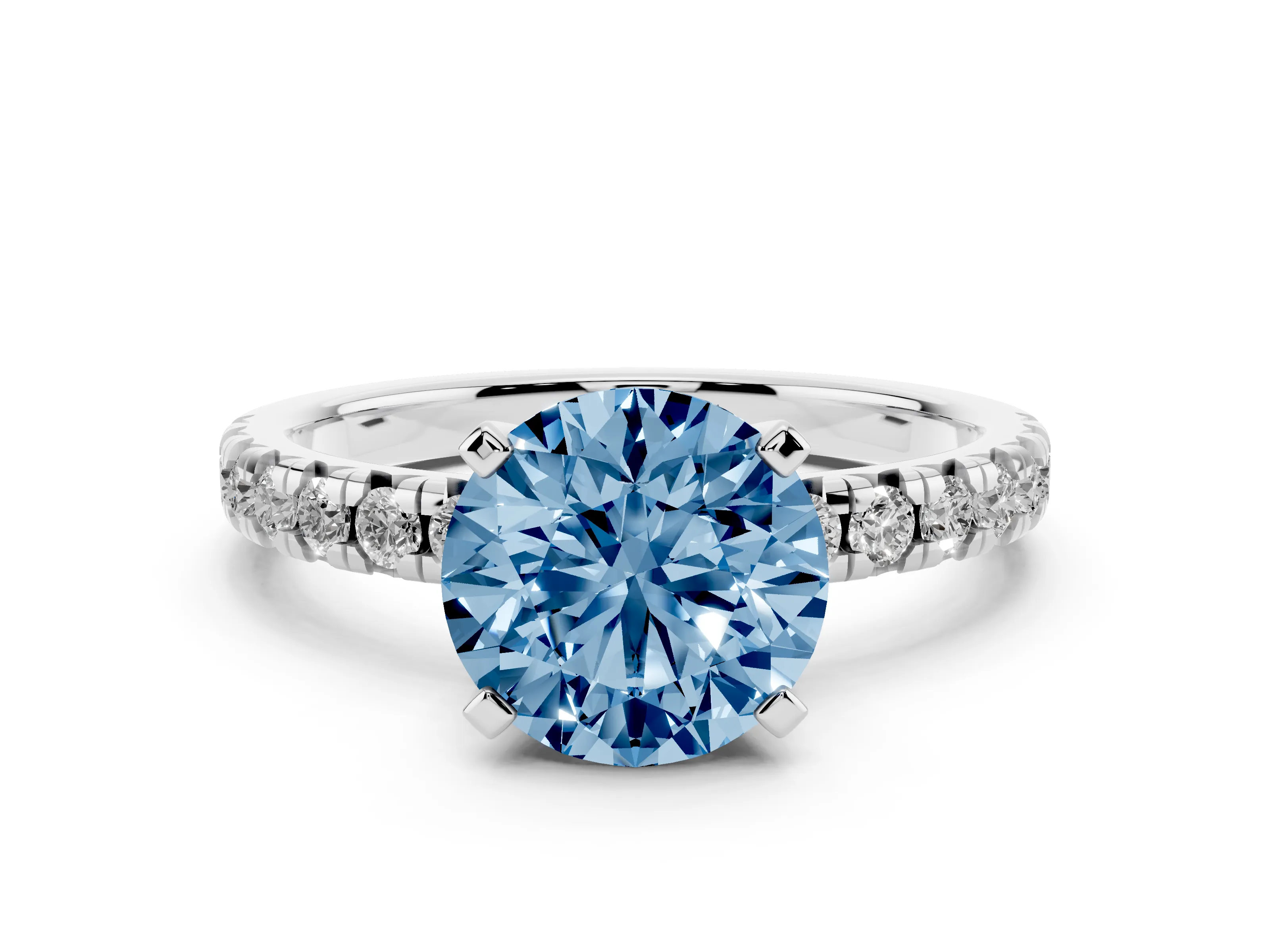 Fancy Blue Round Cut Diamond Solitaire Pavé Engagement Ring Set in White gold with Round Band and Prong Setting
