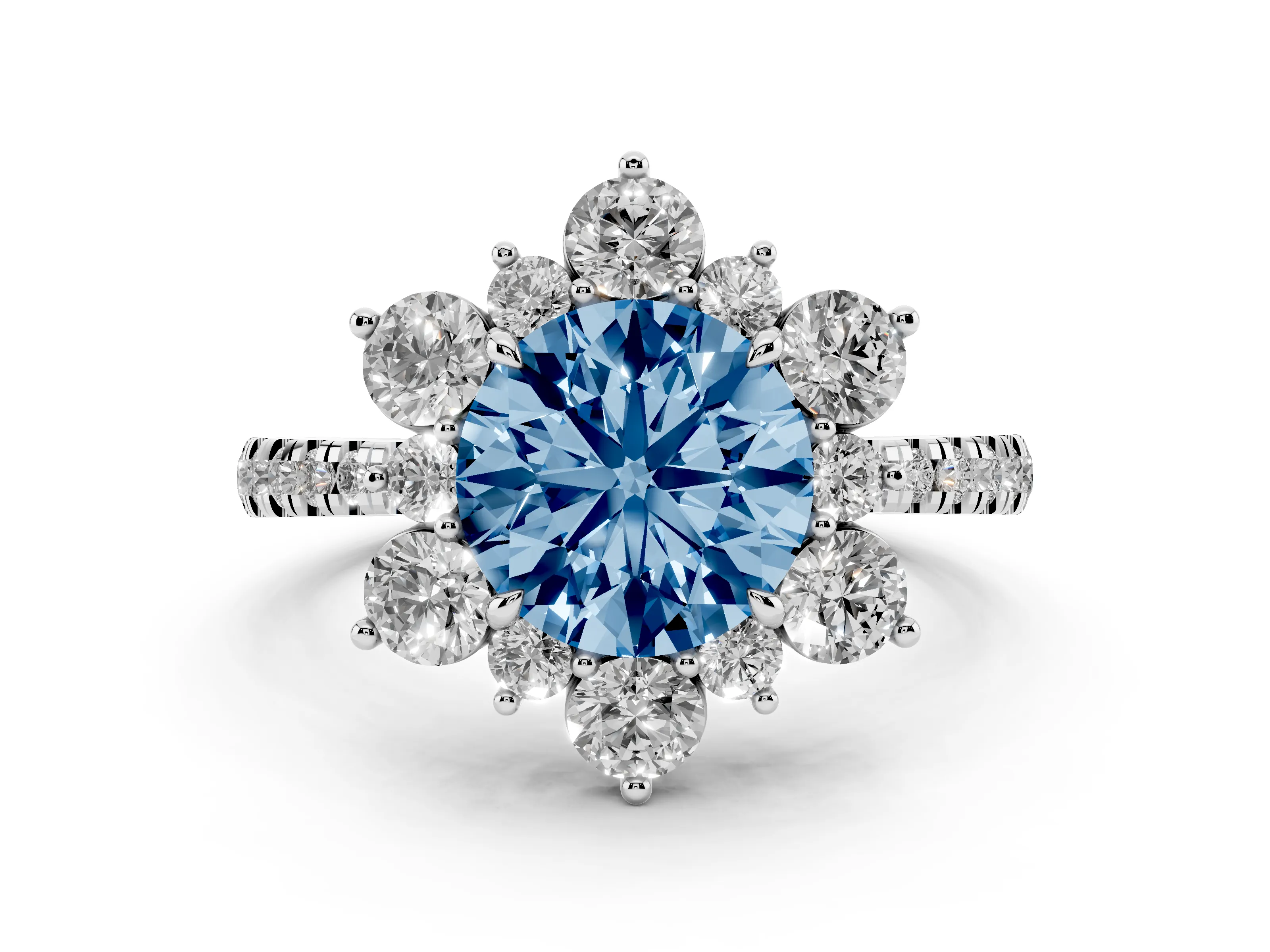Fancy Blue Round Cut Diamond Floral Halo Ring Set in White gold with Round Pavé Band and Prong Setting