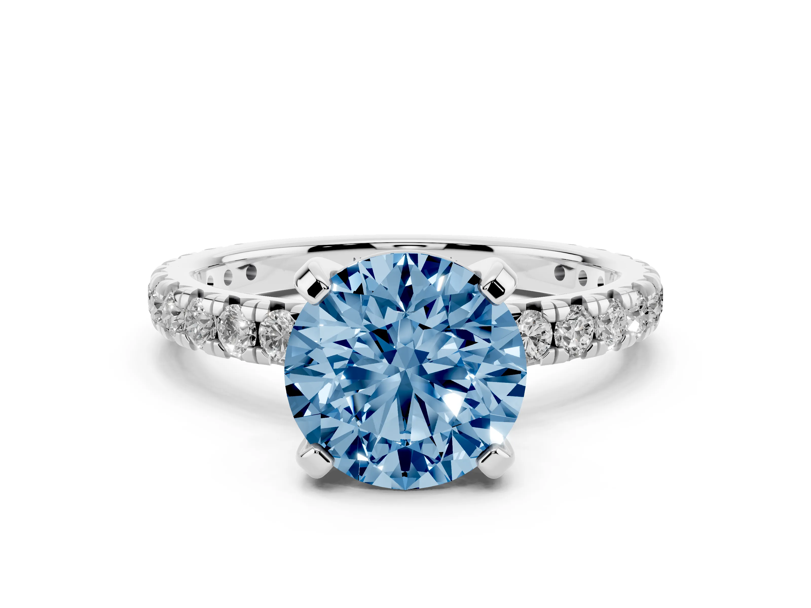 Fancy Blue Round Cut Diamond Pavé Solitaire Ring Set in White gold with Round Band and Prong Setting