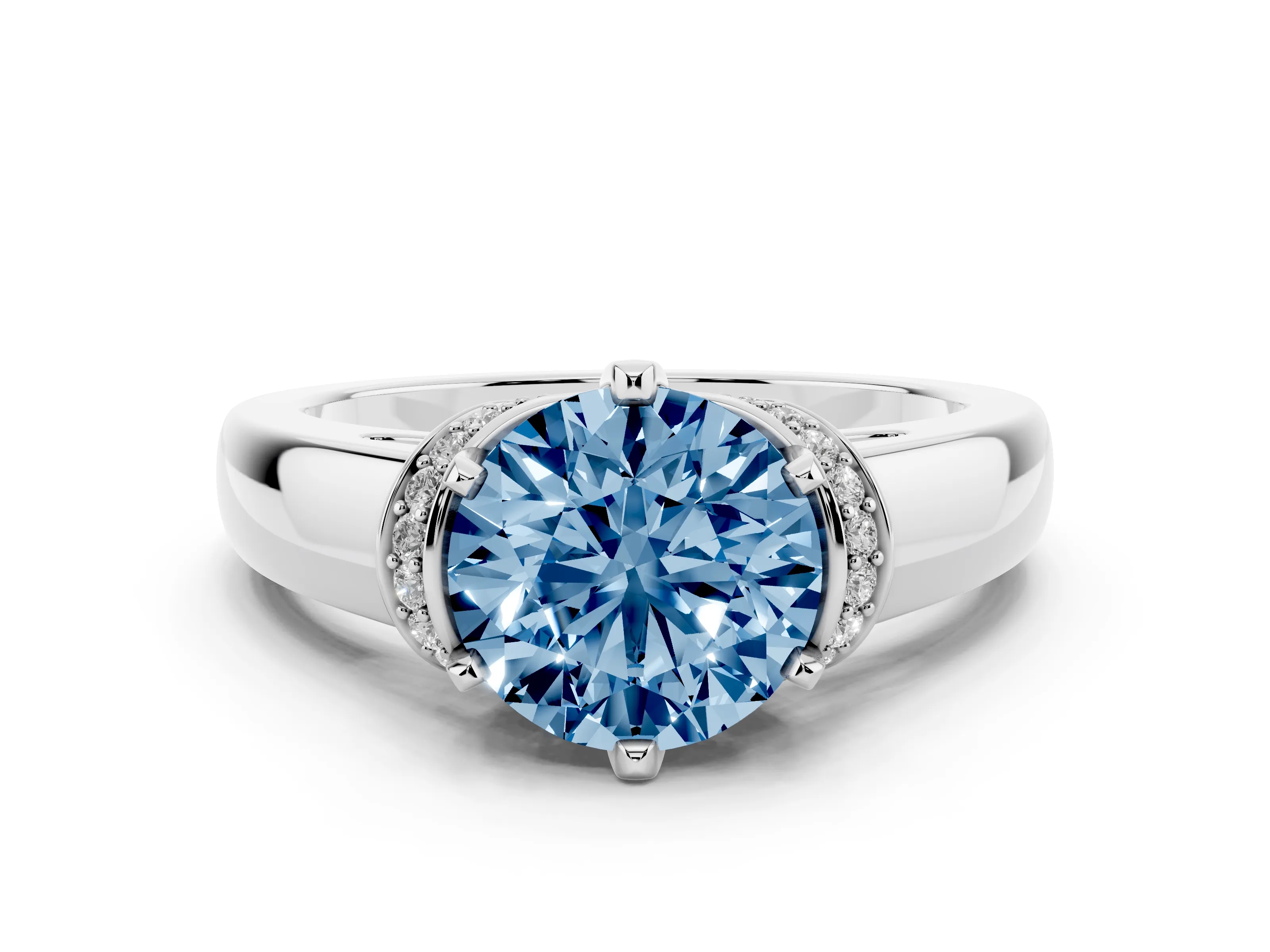 Fancy Blue Round Cut Diamond Pavé Band Solitaire Ring Set in Silver with Prong Setting