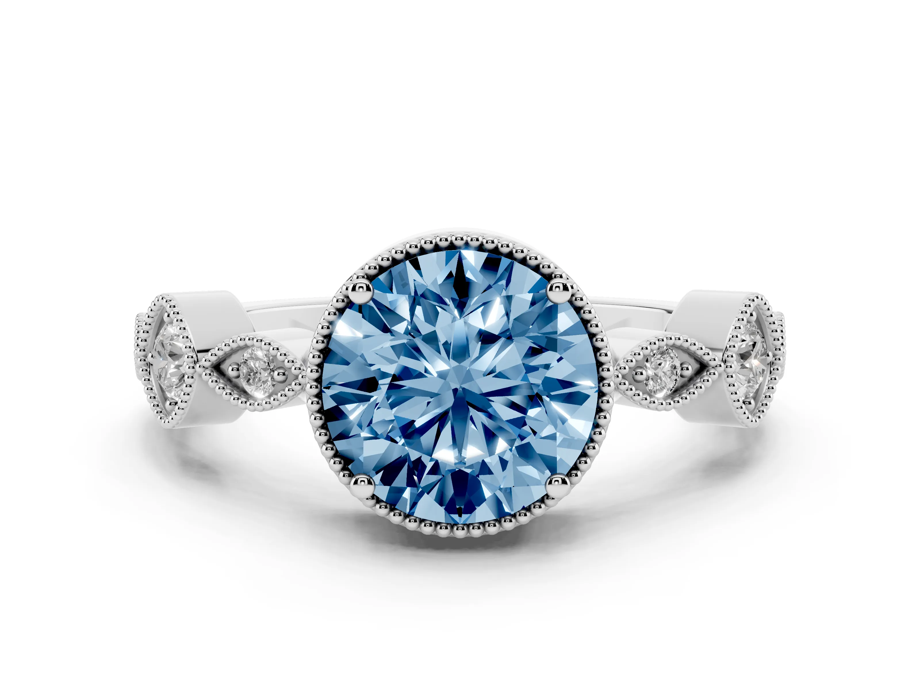 Fancy Blue Round Cut Diamond Vintage-Inspired Milgrain Ring Set in White gold with Marquise Stations of Round Accents