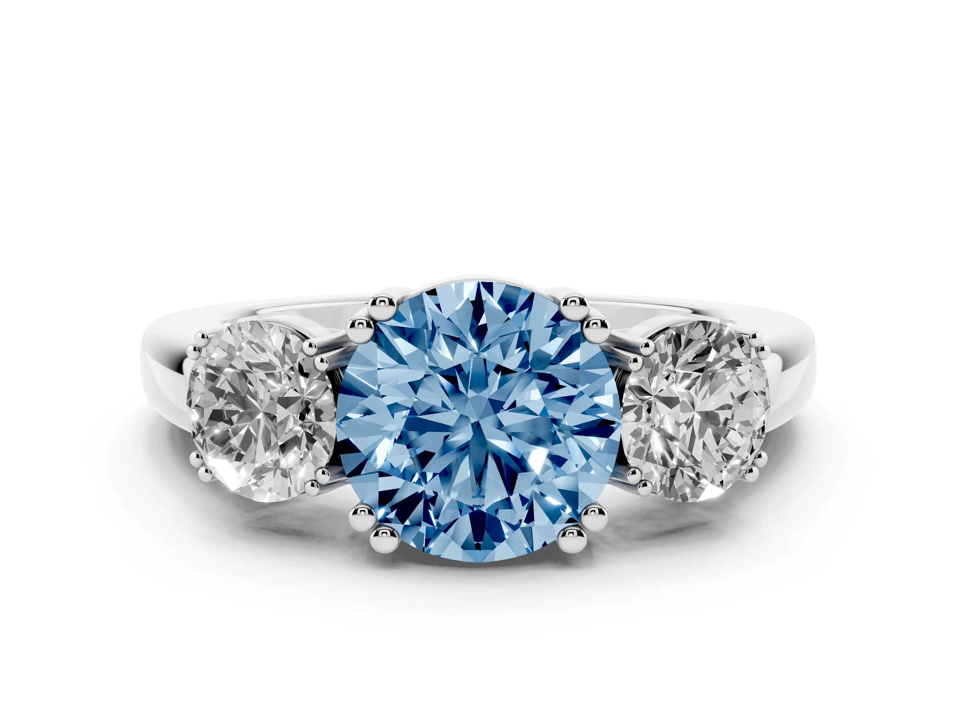 Fancy Blue Round Cut Diamond Three-Stone Ring Set in White gold with Polished Channel-Set Band