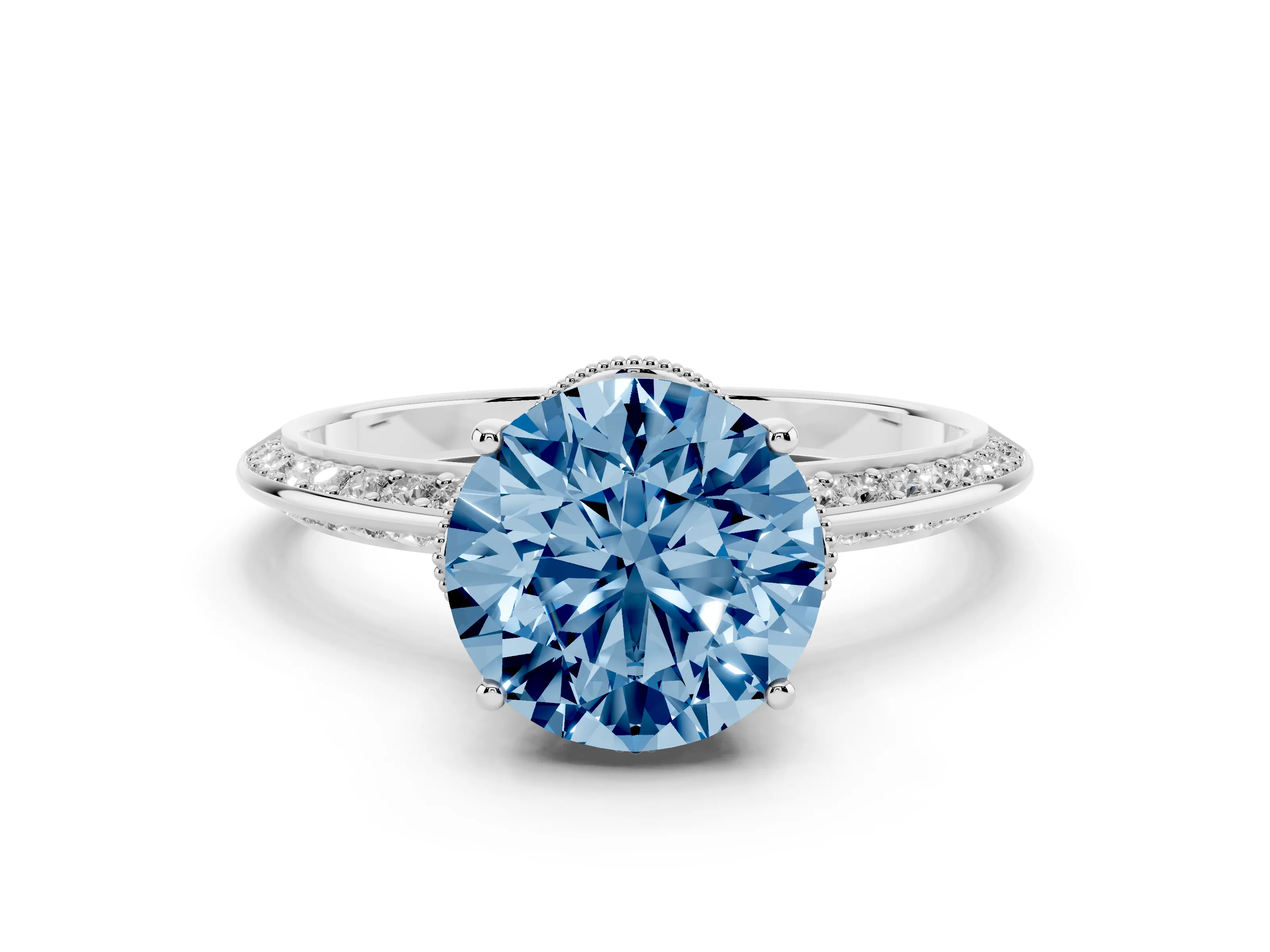 Fancy Blue Round Cut Diamond Solitaire Engagement Ring Set in Silver with Pavé Split Shank and Prong Setting