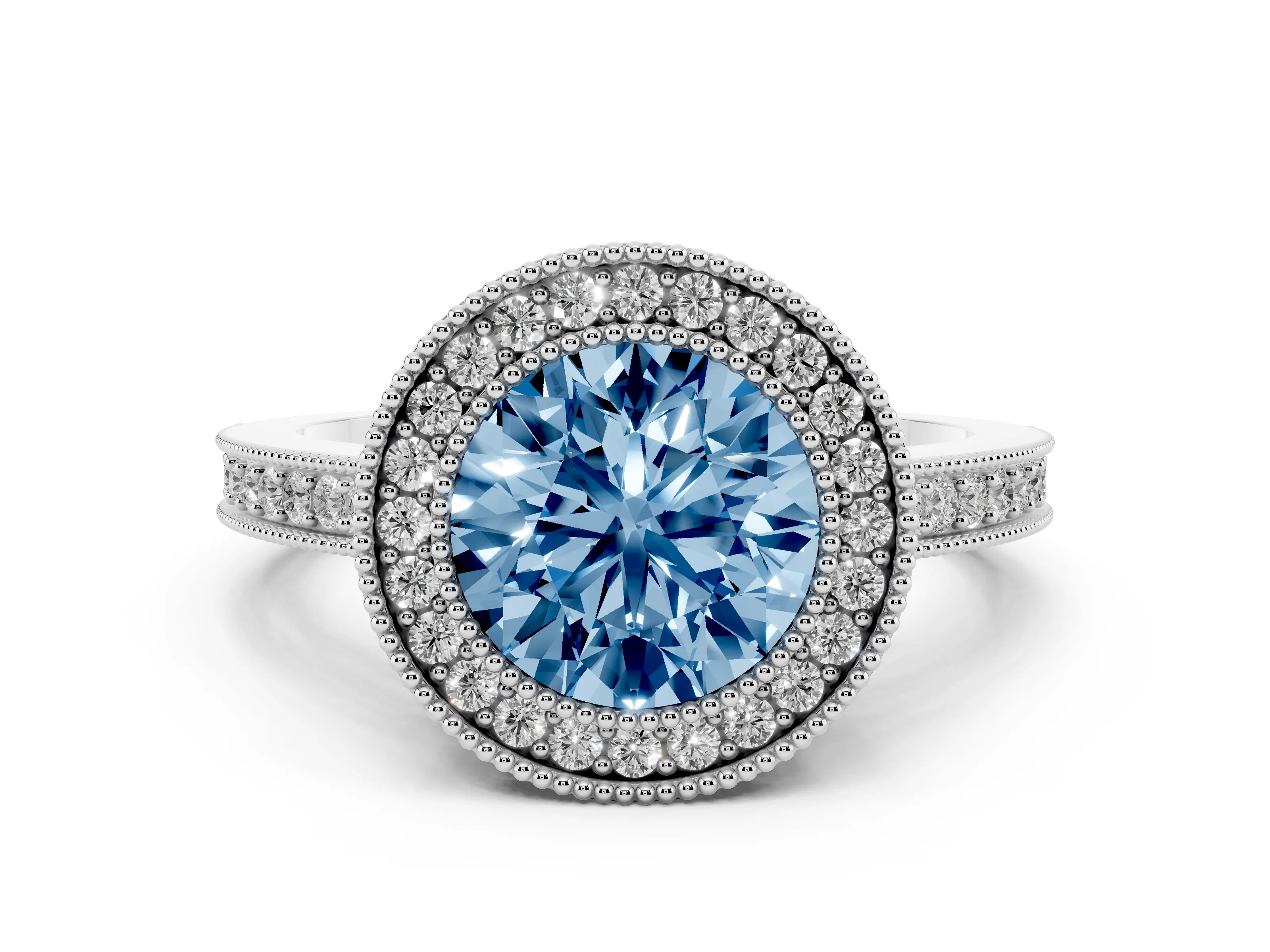 Fancy Blue Round Cut Diamond Round Halo Ring Set in White gold with Pavé Band