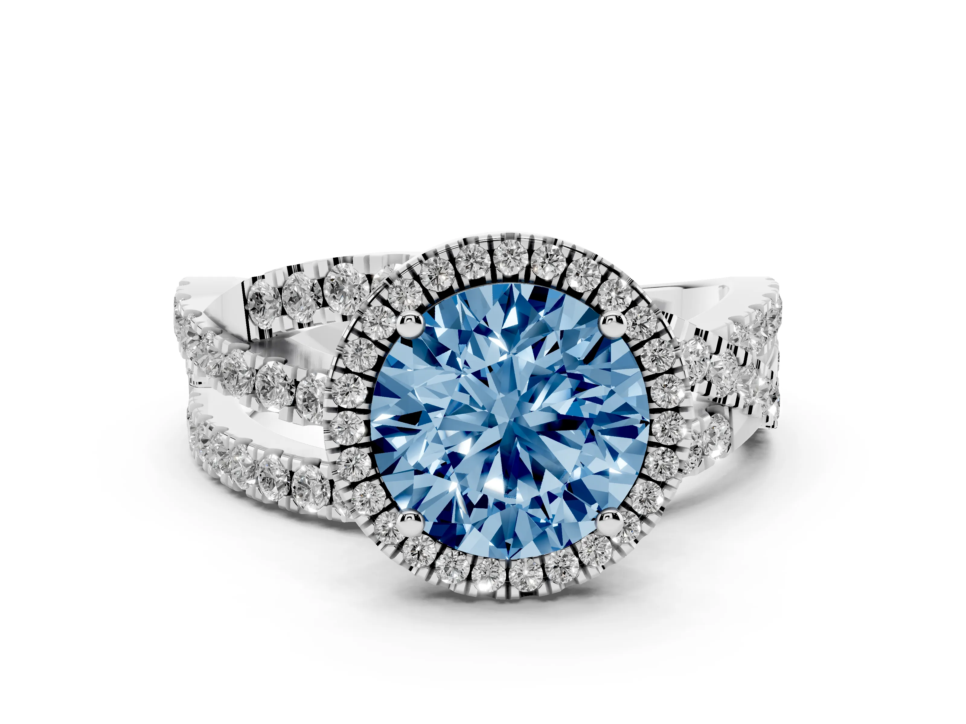 Fancy Blue Round Cut Diamond Halo Ring Set in Platinum with Round Crossover Split Shank and Prong Setting