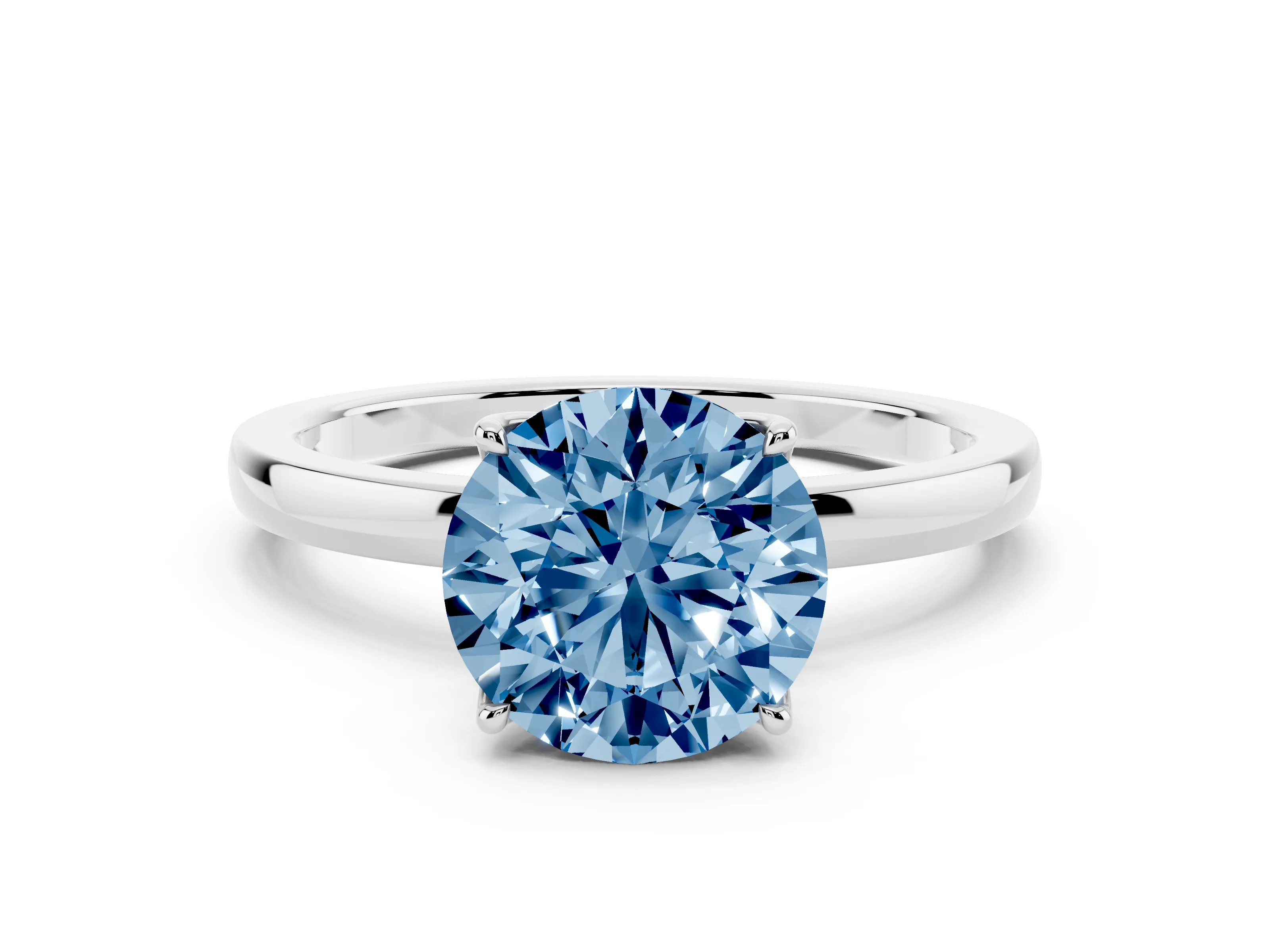 Fancy Blue Round Cut Diamond Solitaire Ring Set in White gold with Prong Setting and Thin Polished Band