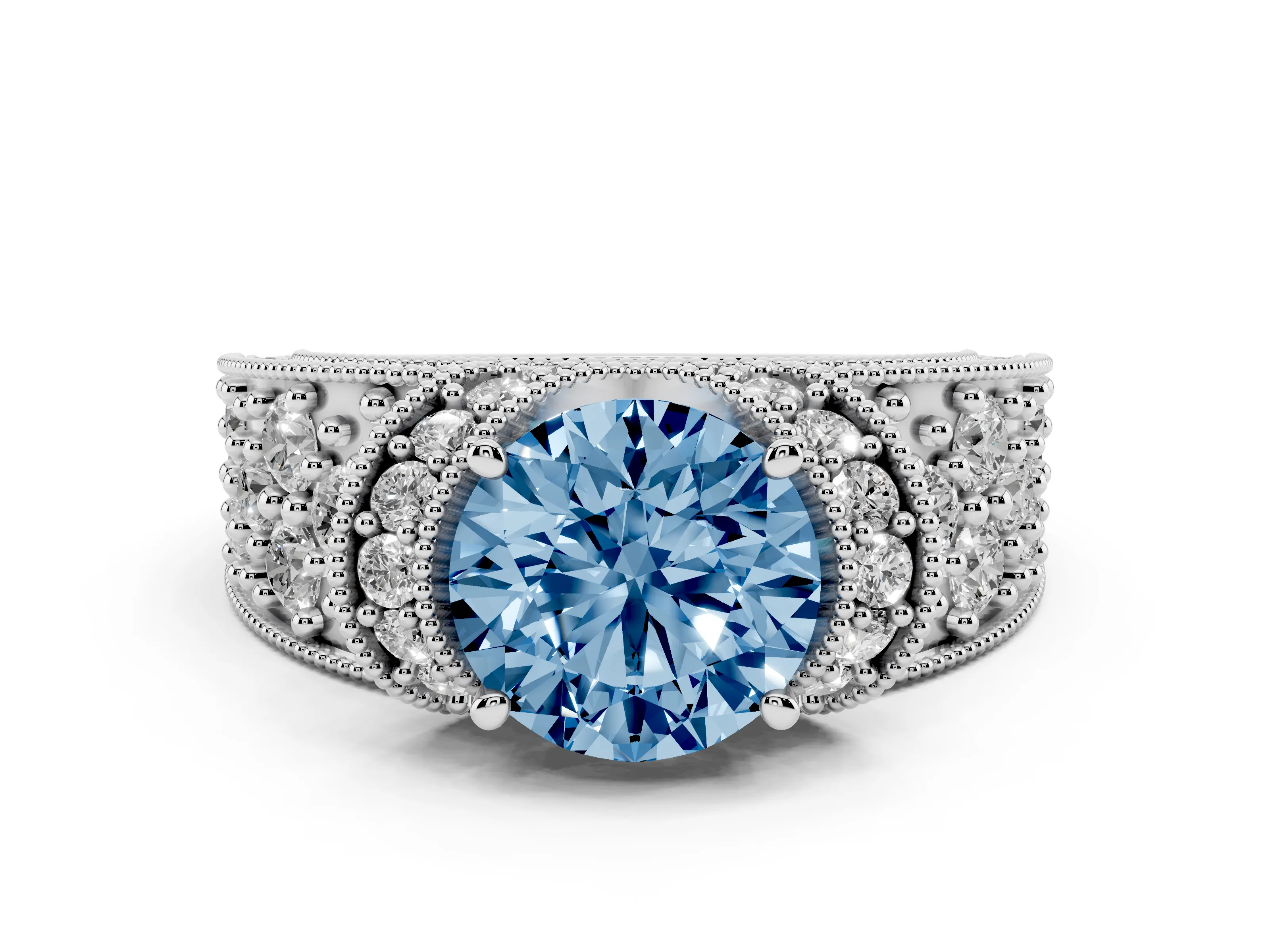 Fancy Blue Round Cut Diamond Milgrain Halo Pavé Engagement Ring Set in Platinum with Prong Setting