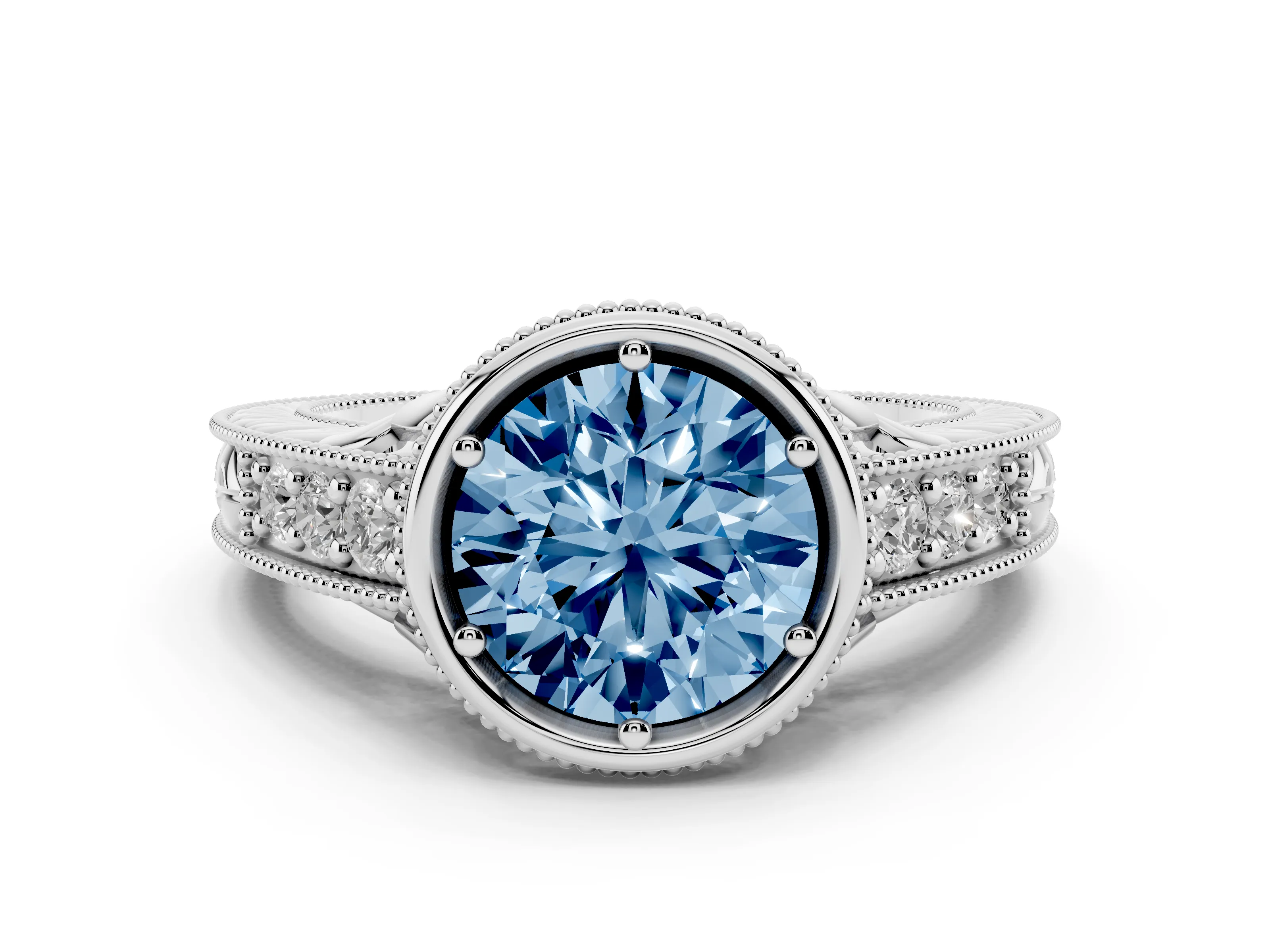 Fancy Blue Bezel Set Round Cut Diamond Milgrain Pavé Engagement Ring Set in Silver