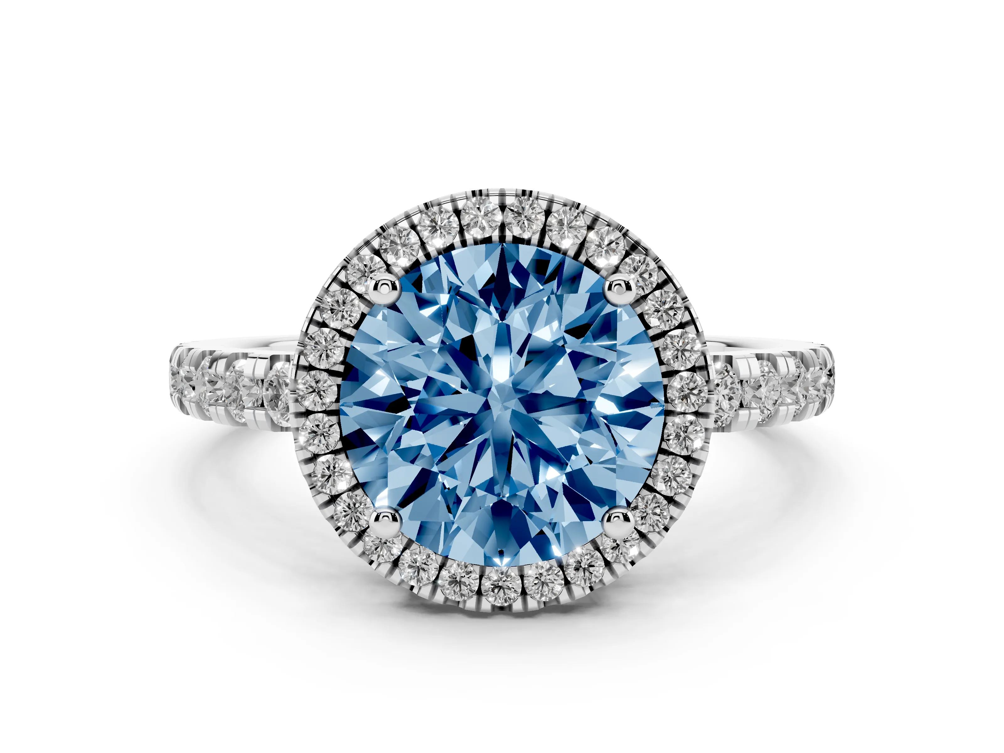 Fancy Blue Round Cut Diamond Halo Ring Set in Platinum with Delicate Pavé Band and Prong Setting