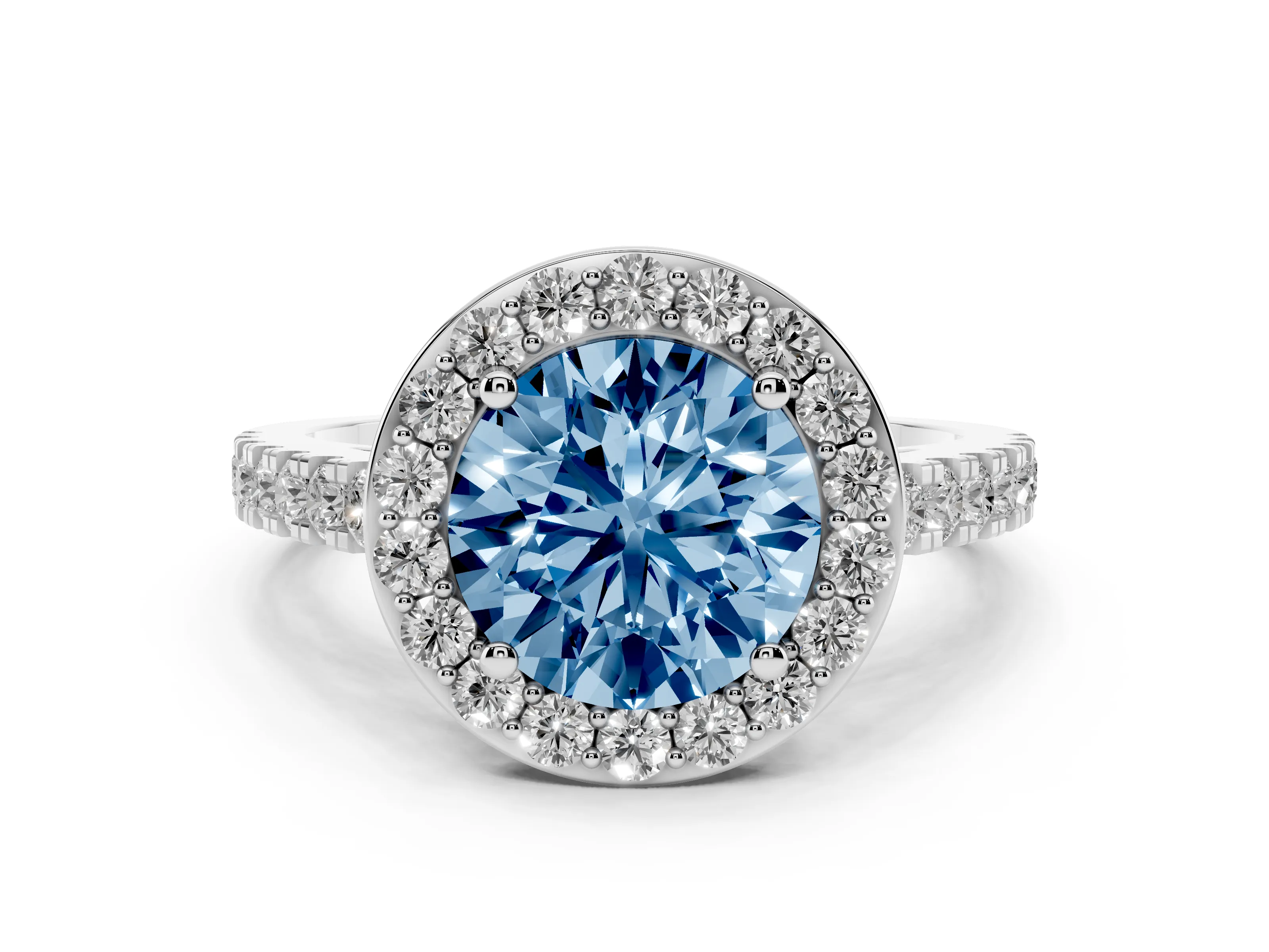 Fancy Blue Round Cut Diamond Halo Ring Set in Platinum with Round Pavé Split Shank and Prong Setting