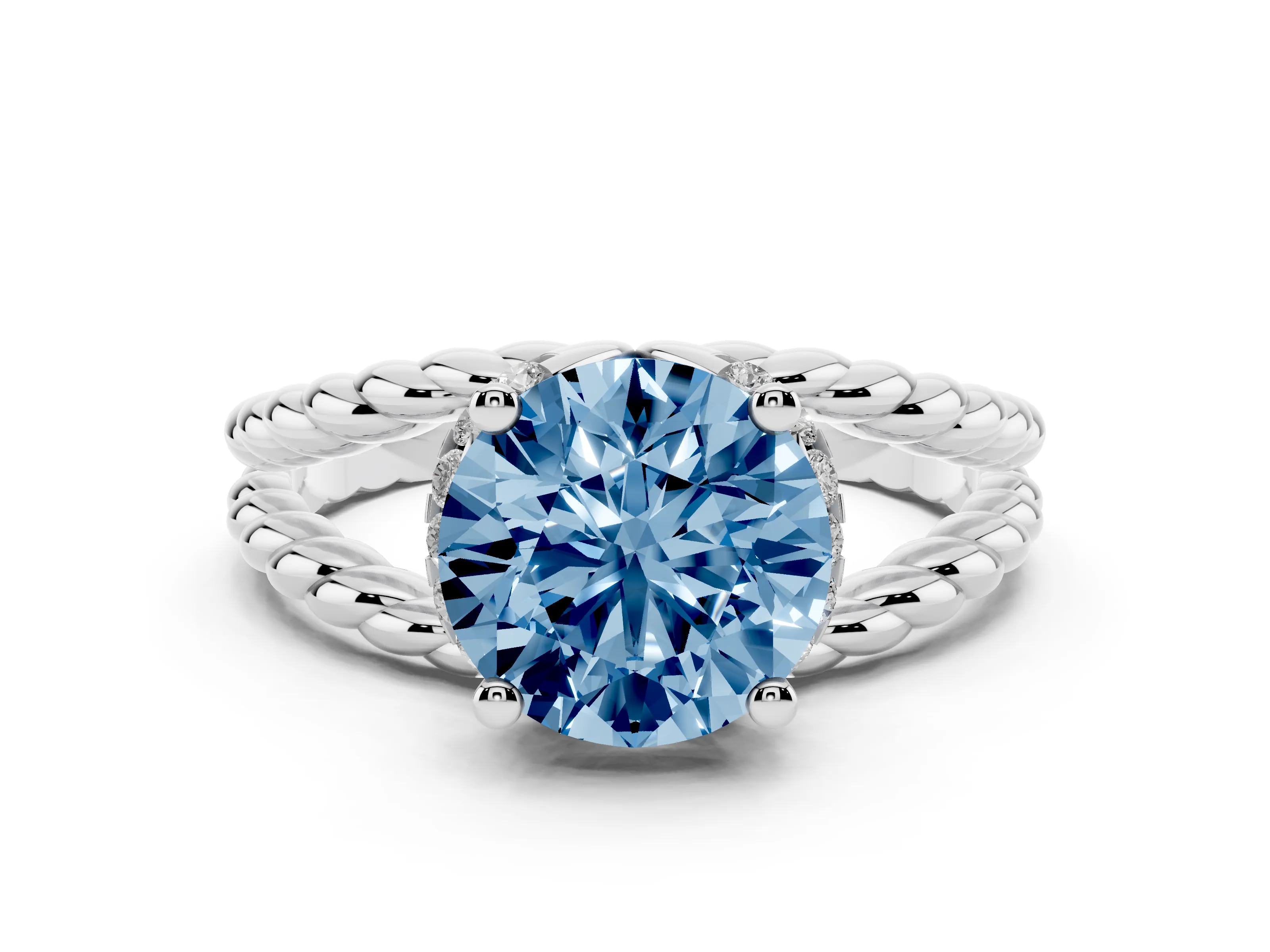 Fancy Blue Round Cut Diamond Halo Ring Set in Platinum with Twisted Band and Prong Setting