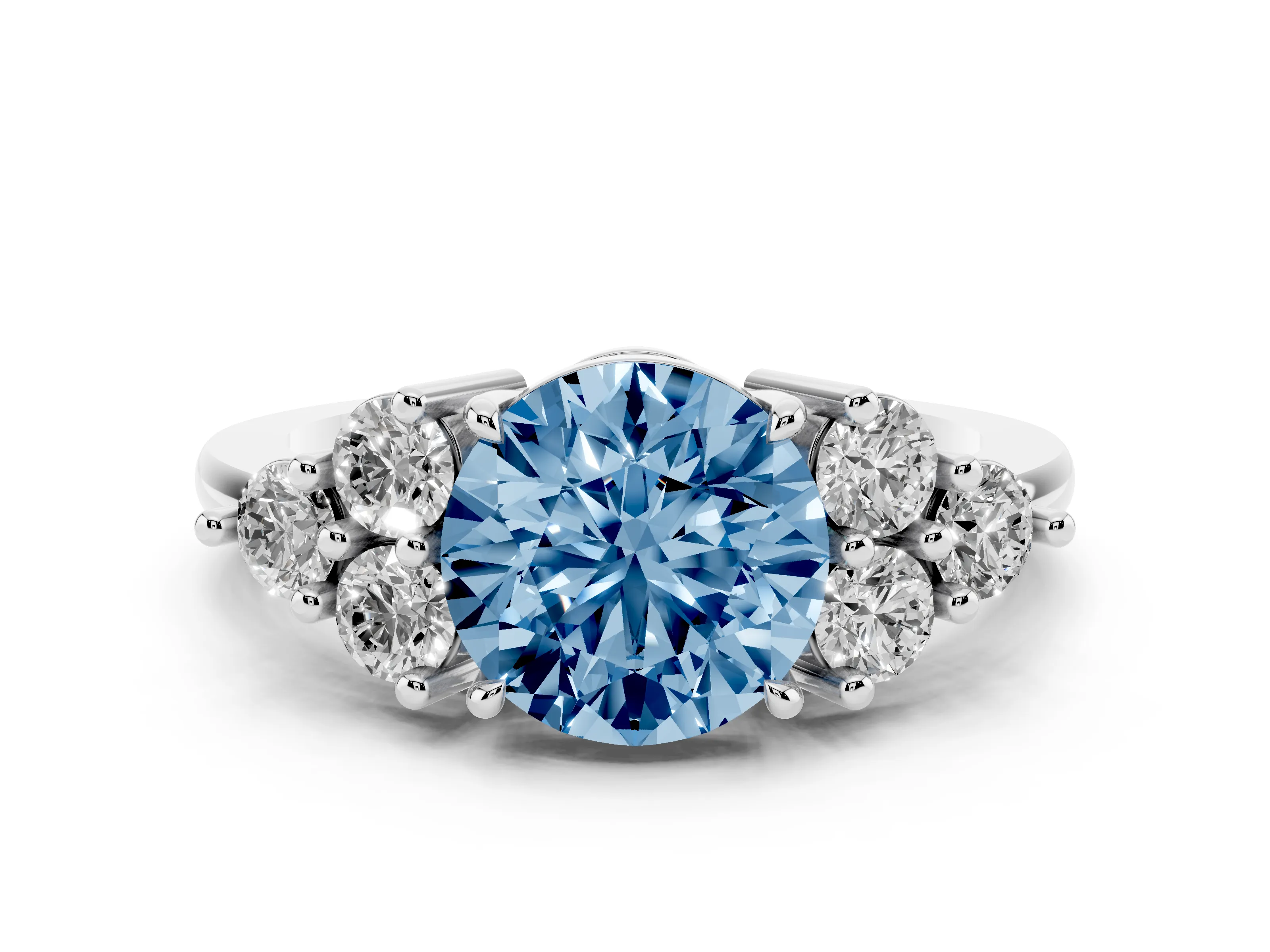 Fancy Blue Round Cut Diamond Solitaire Ring Set in Silver with Cluster Accents on Each Side