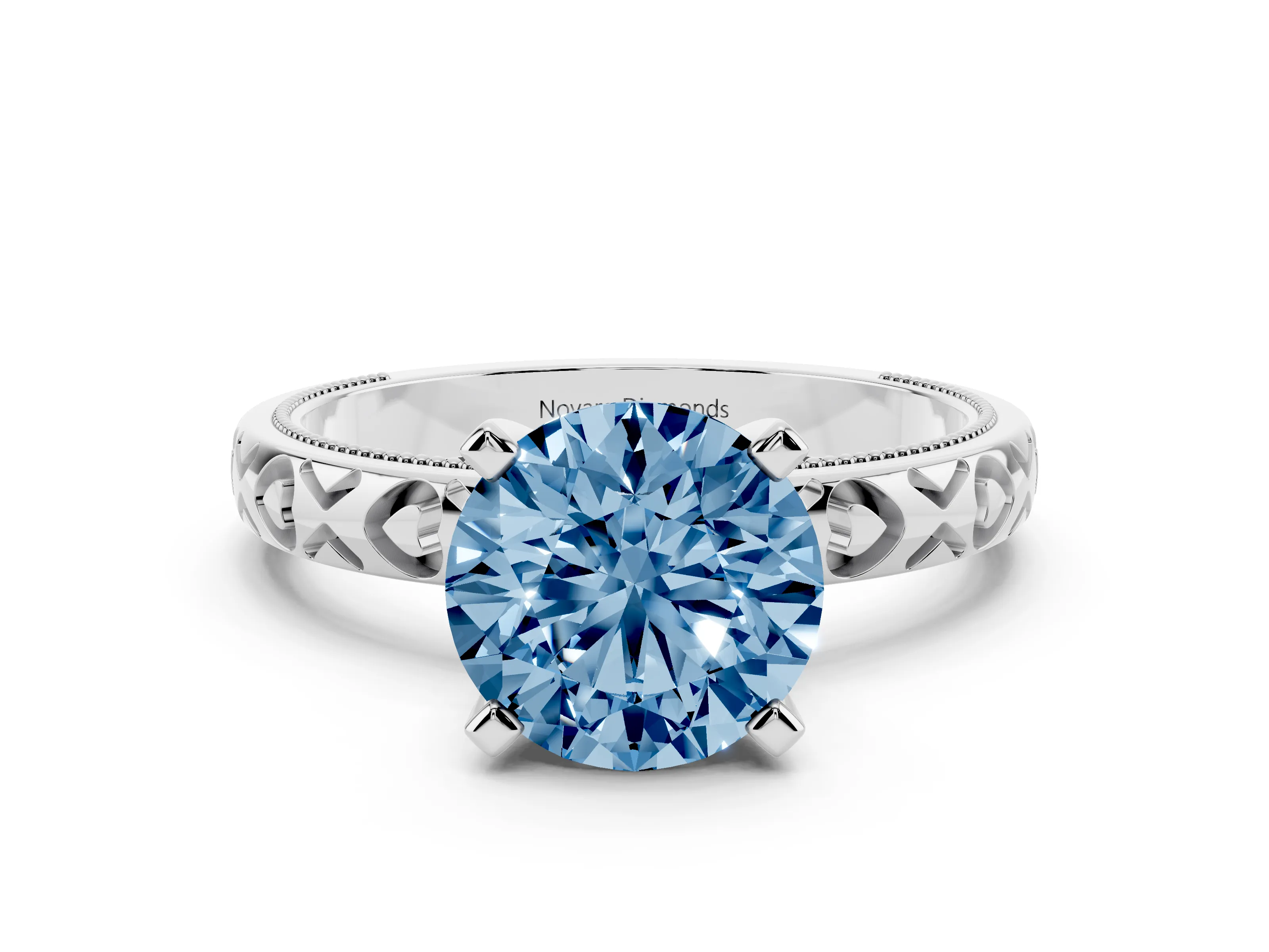 Fancy Blue Round Cut Diamond Solitaire Engagement Ring Set in Platinum with XO Engraved Band and Prong Setting