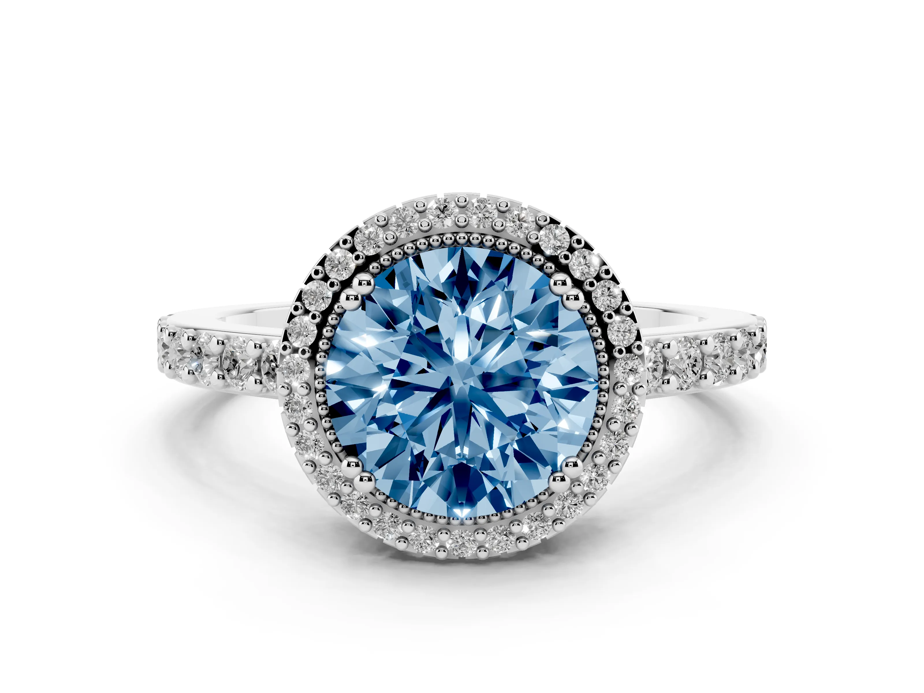 Fancy Blue Round Cut Diamond Halo Engagement Ring Set in Platinum with Milgrain Detail and Pavé Band