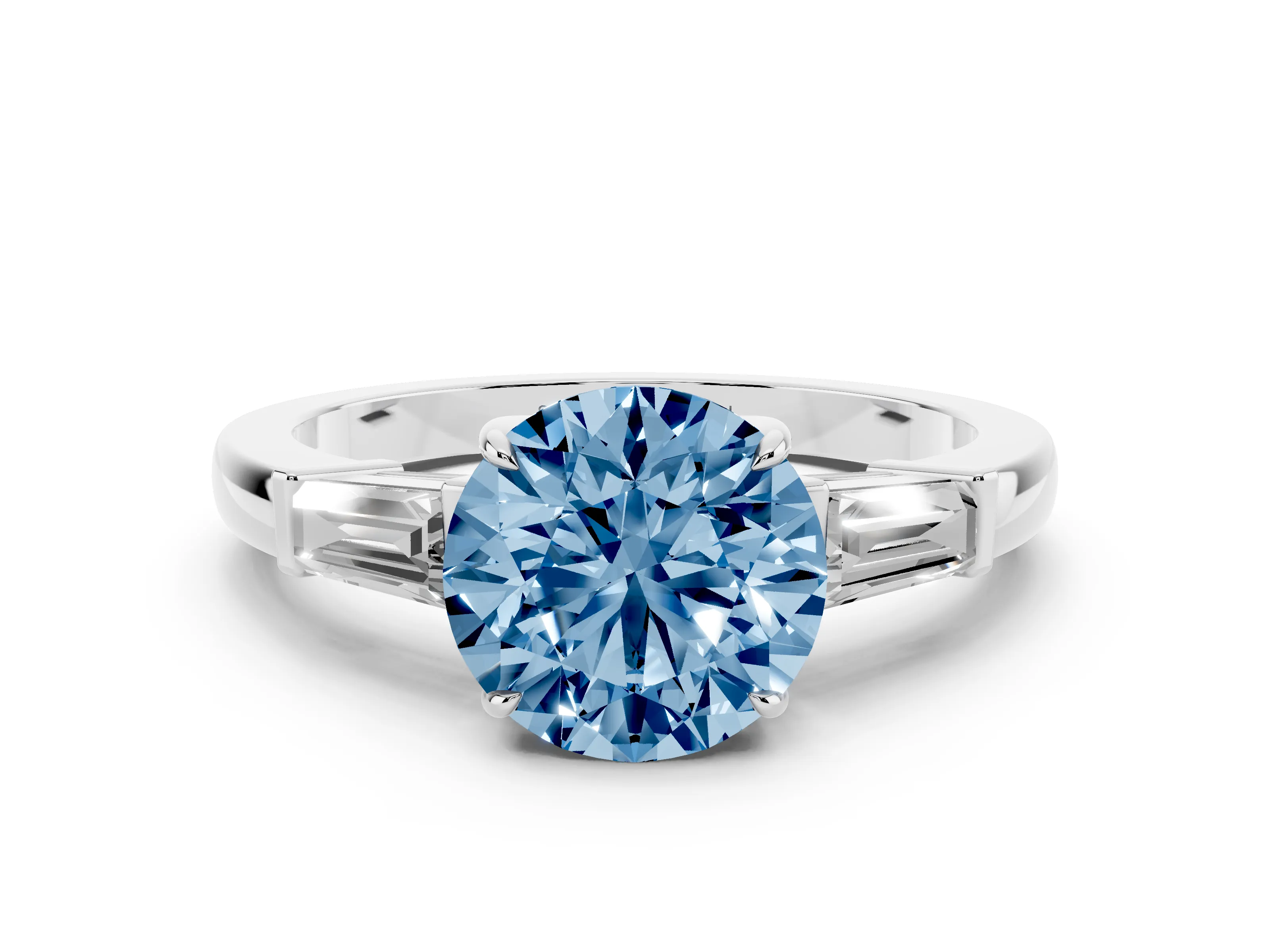 Fancy Blue Round Cut Diamond Three-Stone Ring Set in Platinum with Tapered Baguette Side Stones and Prong Setting