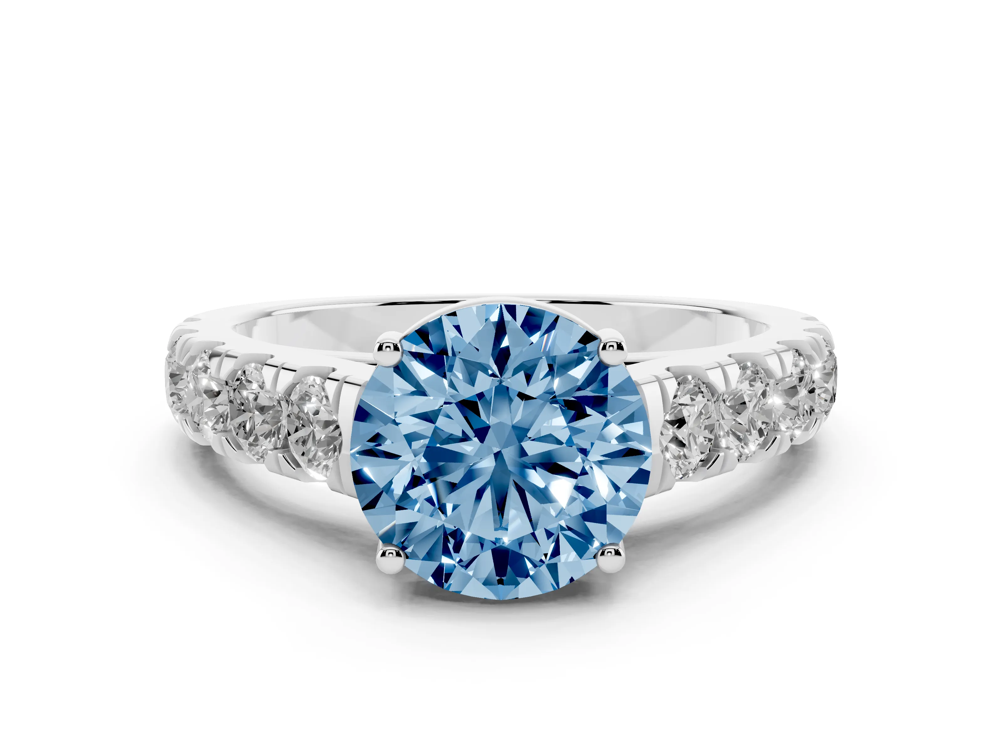 Fancy Blue Round Cut Diamond Solitaire Ring Set in Platinum with Cut-Down Micro Pavé Band and Prong Setting