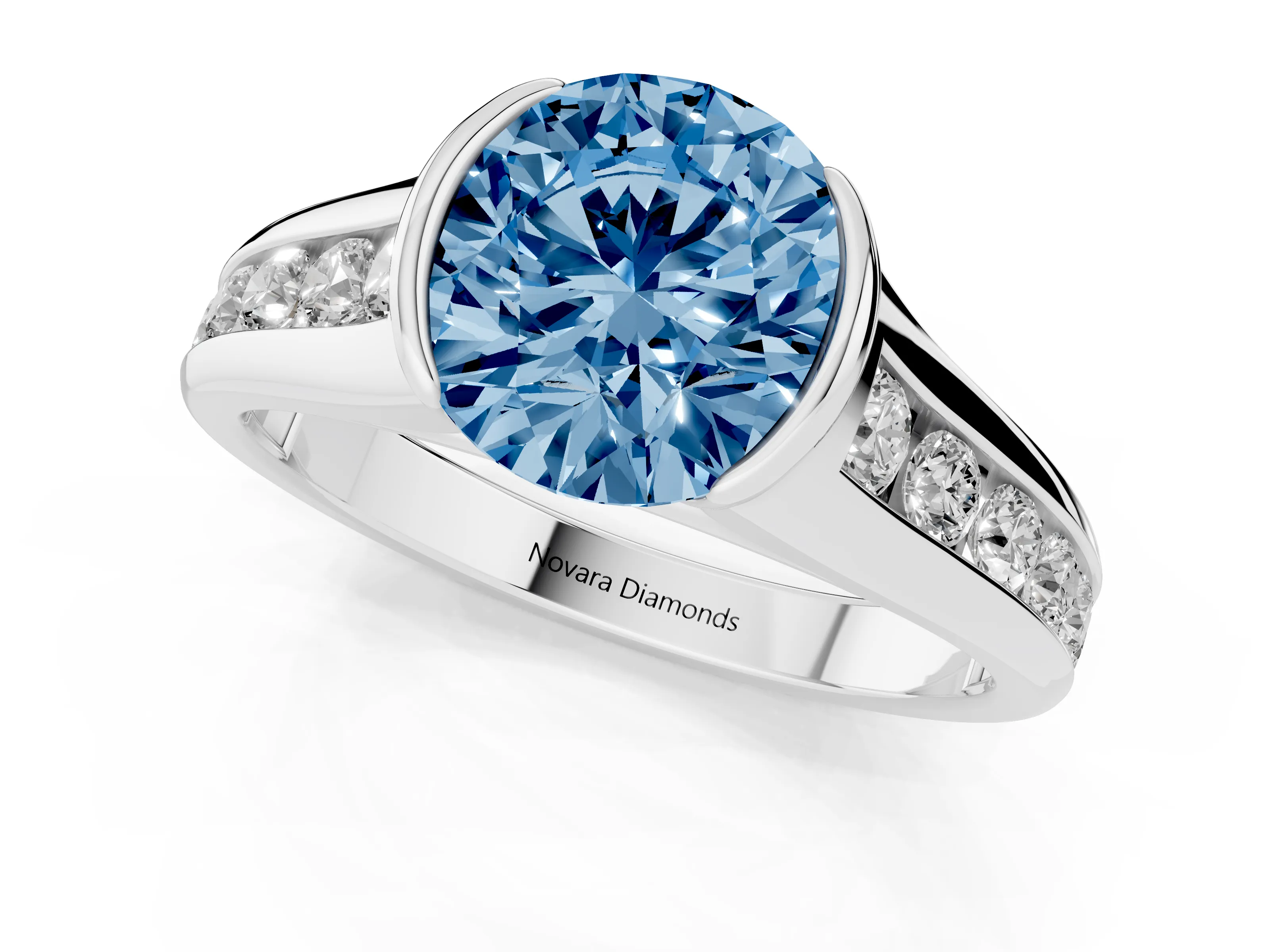 Fancy Blue Round Cut Diamond Bezel-Set Solitaire Ring Set in White gold with Channel-Set Band