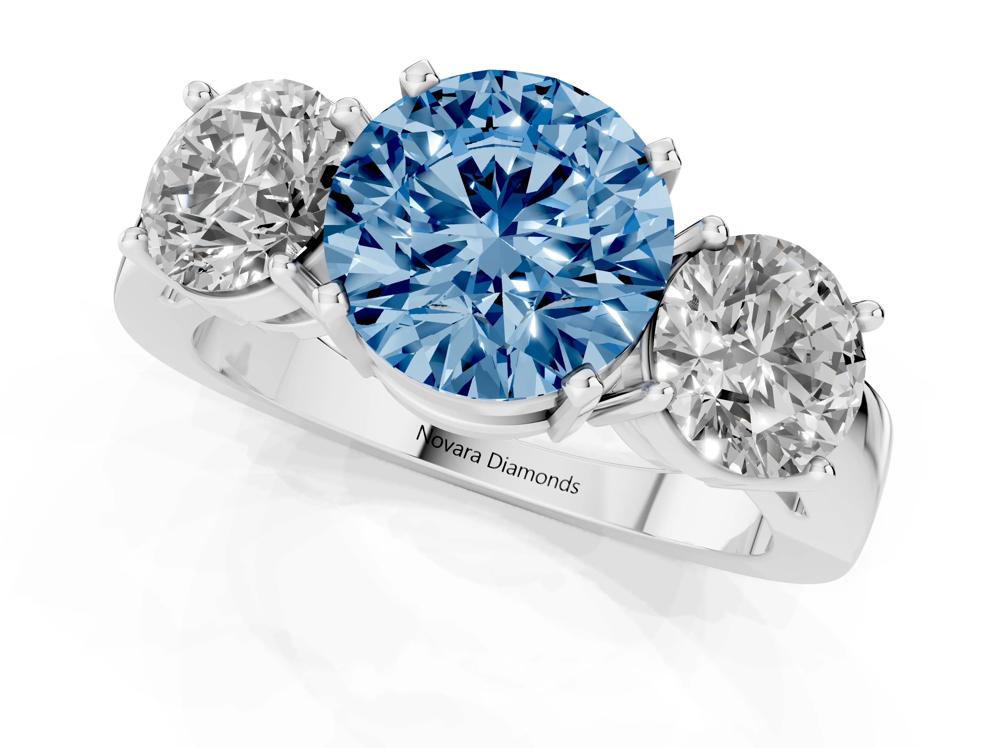 Fancy Blue Round Cut Diamond Three-Stone Ring Set in White gold with Round Side Stones and Classic Band