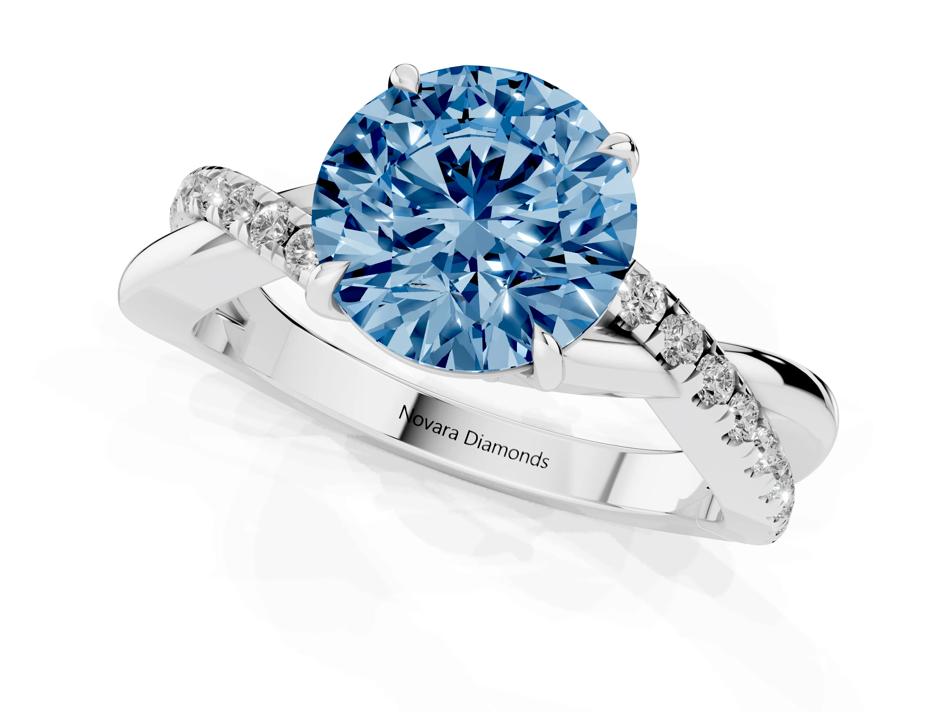 Fancy Blue Round Cut Diamond Twisted Pavé Band Ring Set in Silver with Prong Setting