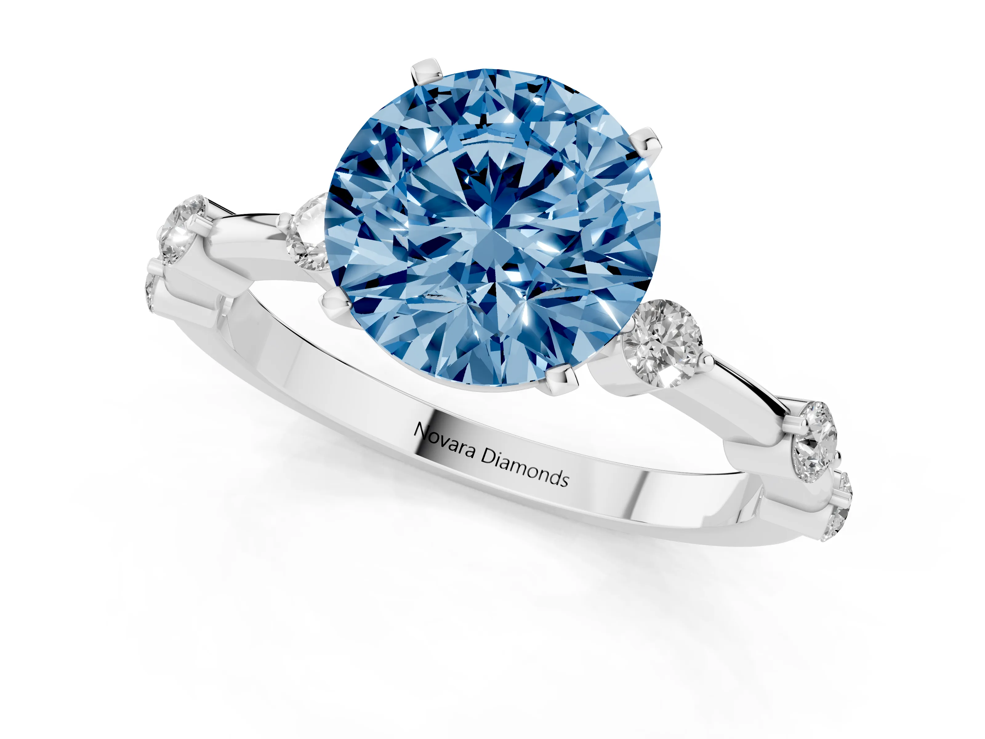 Fancy Blue Round Cut Diamond Solitaire Ring Set in Silver with Bezel Set Side Stones and Prong Setting