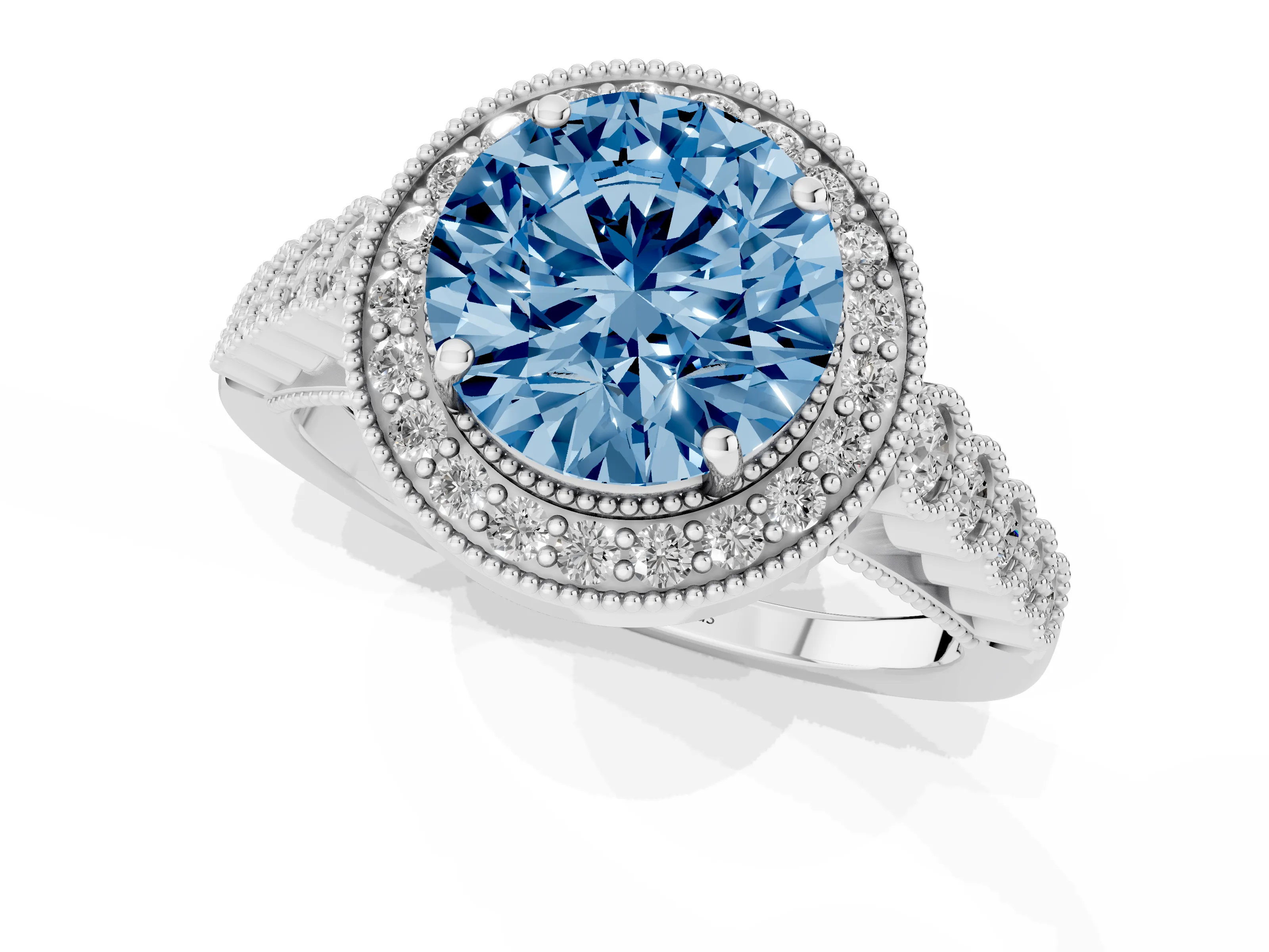 Fancy Blue Round Cut Diamond Milgrain Halo Solitaire Ring Set in White gold with Bezel Set Side Stones and Pavé Band