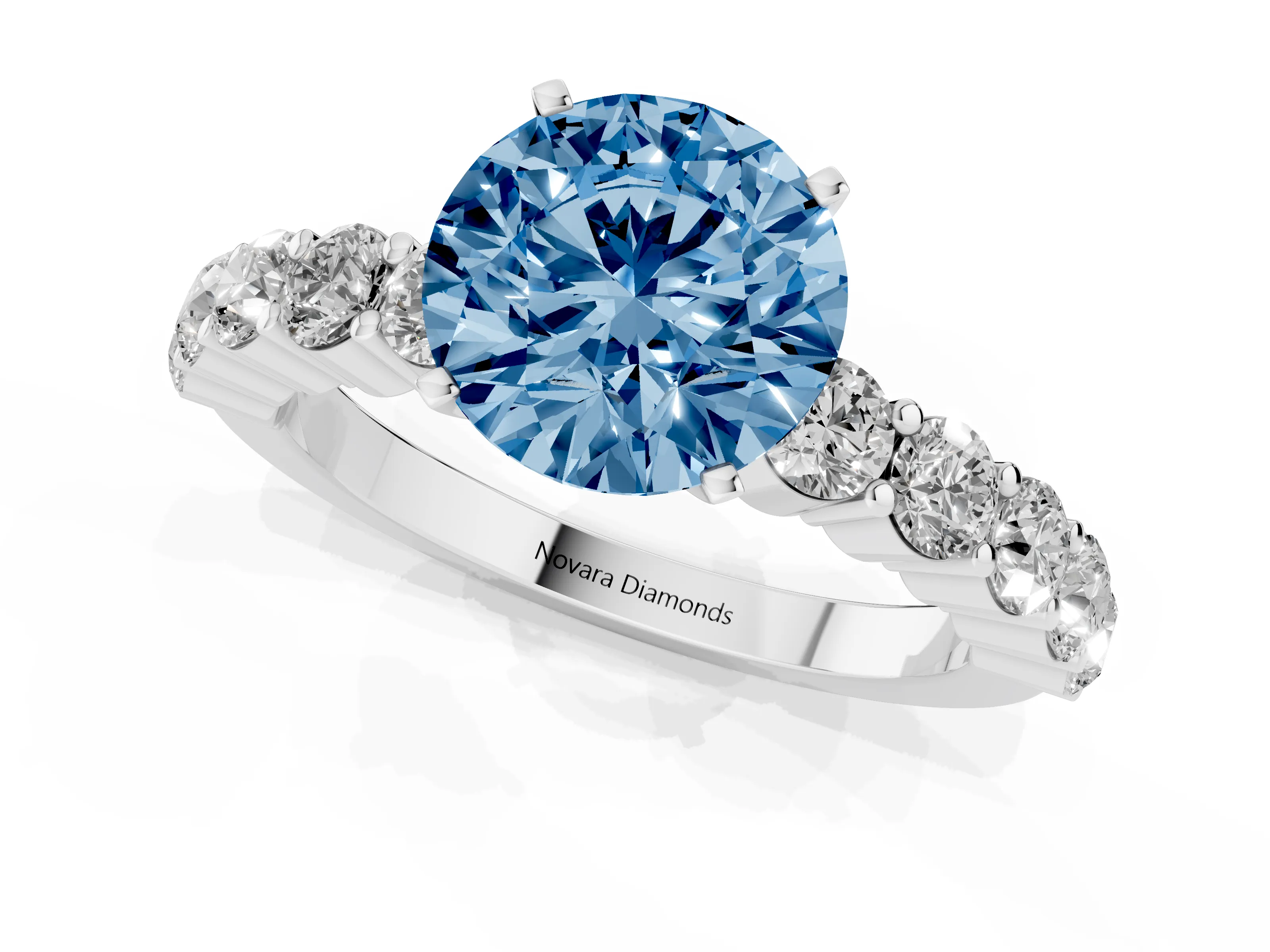 Fancy Blue Round Cut Diamond Solitaire Ring Set in Platinum with Shared Prong Round Side Stones
