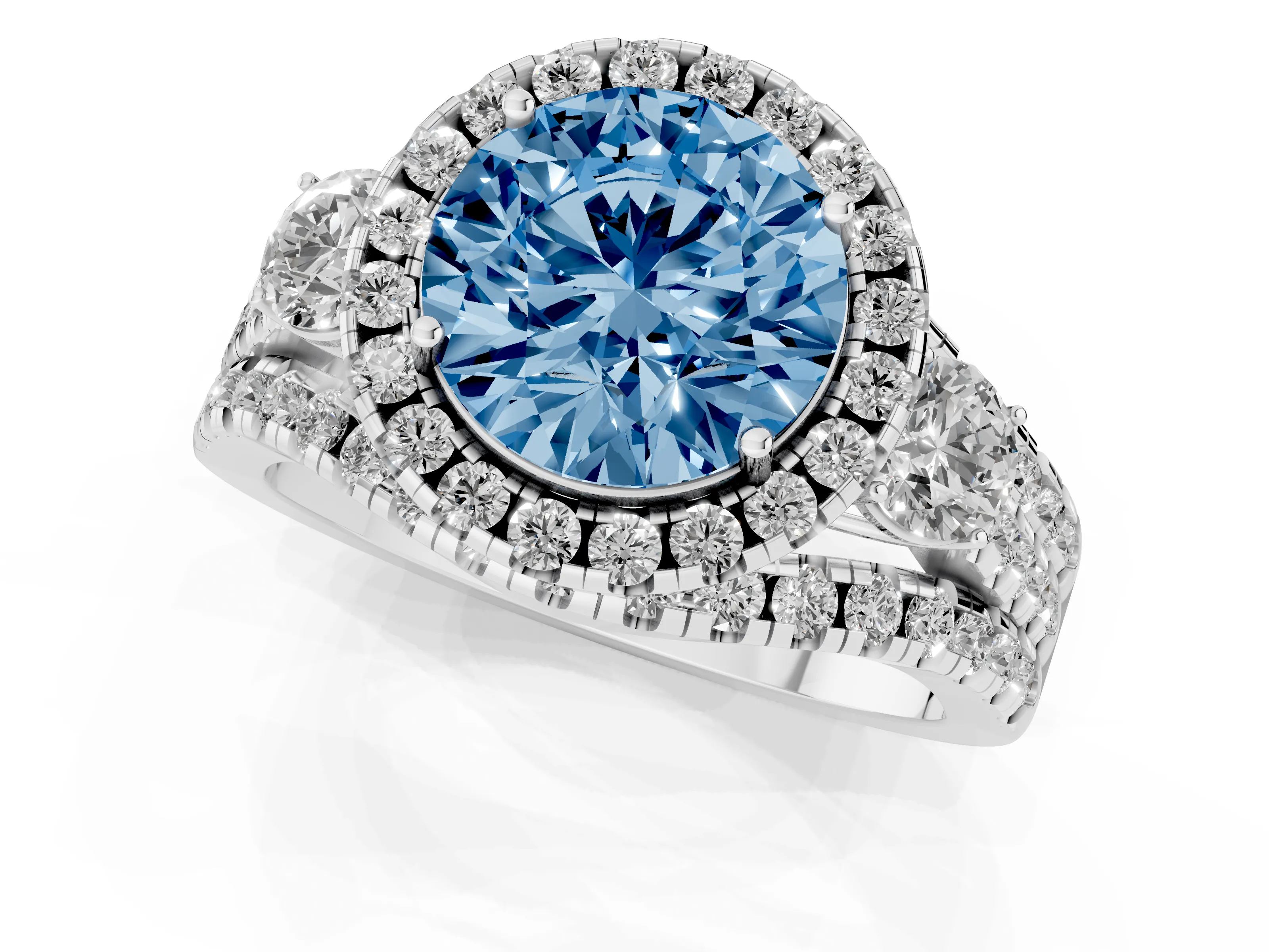 Fancy Blue Round Cut Diamond Halo Split Shank Ring Set in White gold with Round Accent Stones and Prong Setting
