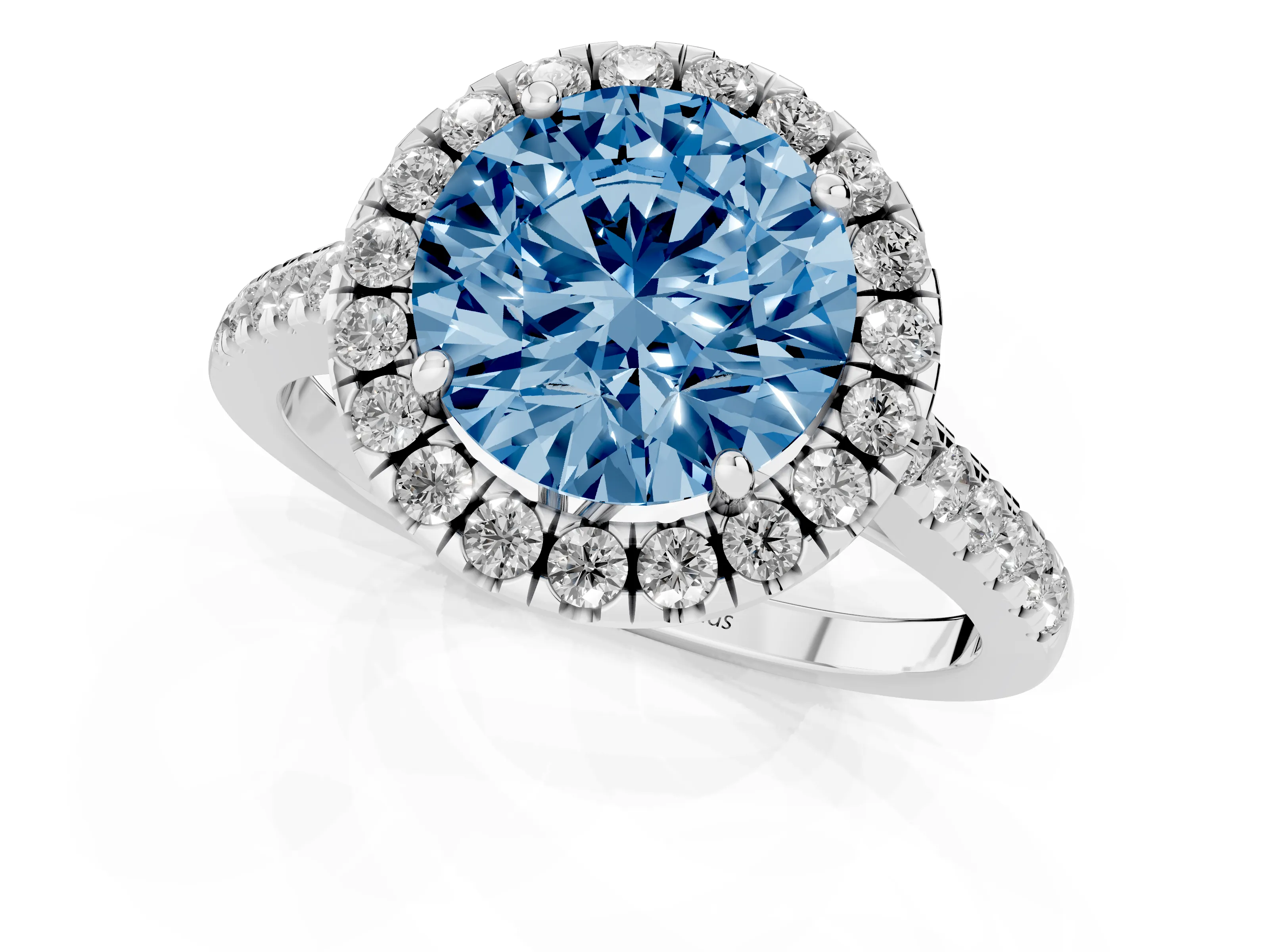 Fancy Blue Round Cut Diamond Pavé Halo Engagement Ring Set in Silver with Pavé Band and Prong Setting