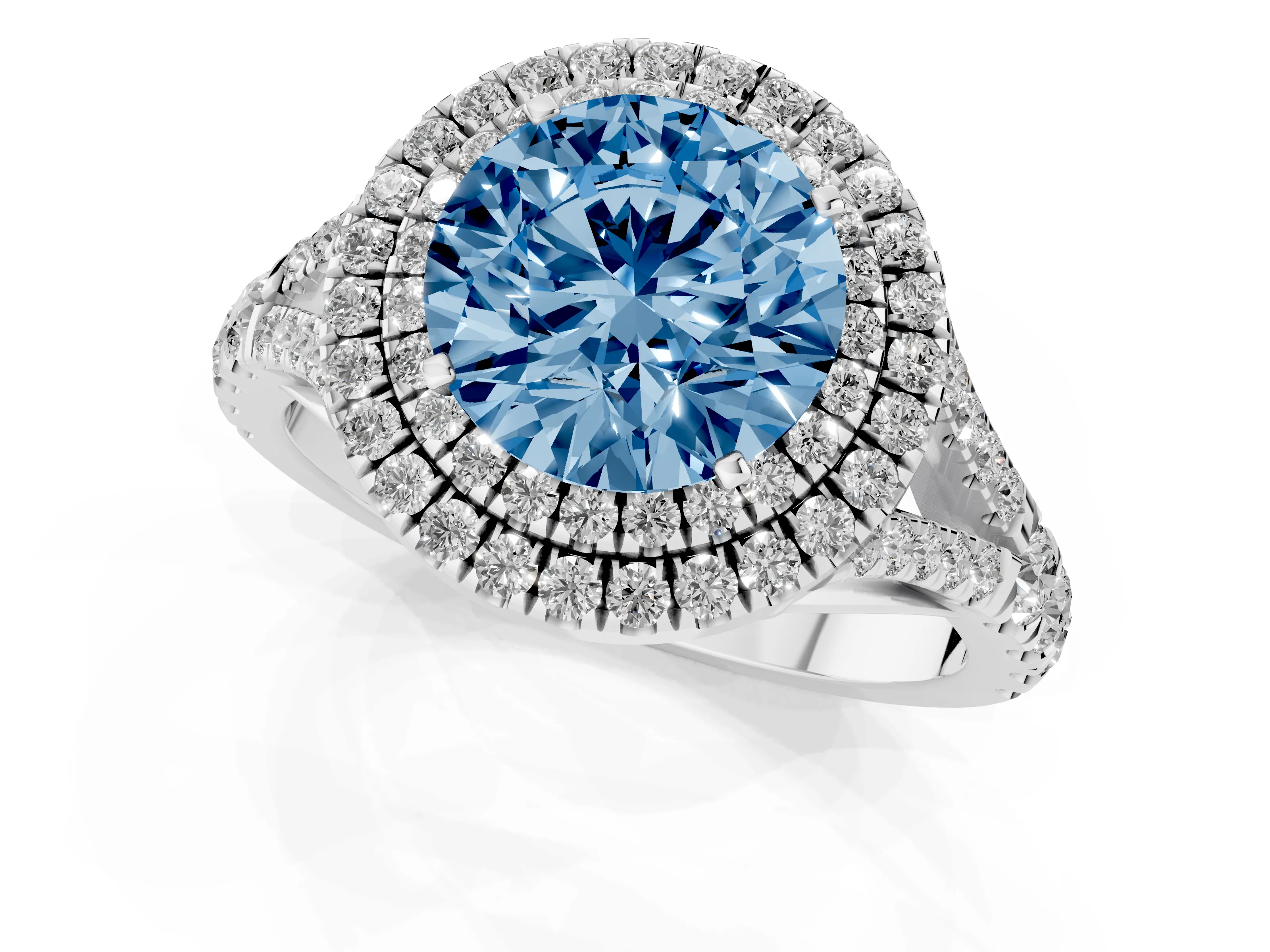 Fancy Blue Round Cut Diamond Pavé Split Shank Double Halo Engagement Ring Set in Silver