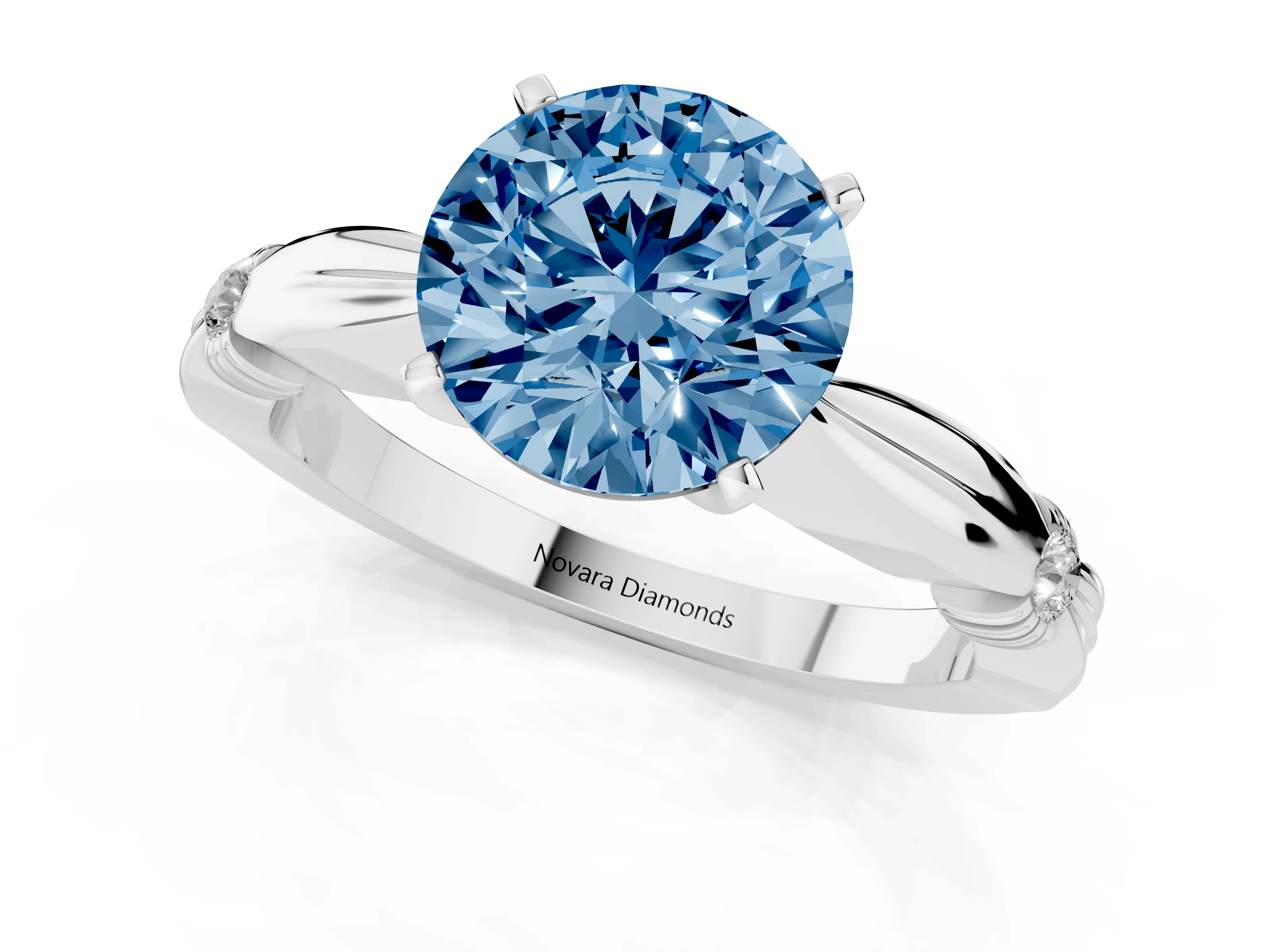 Fancy Blue Round Cut Diamond Solitaire Twisted Band Ring Set in White gold with Accent Stones and Prong Setting – second view