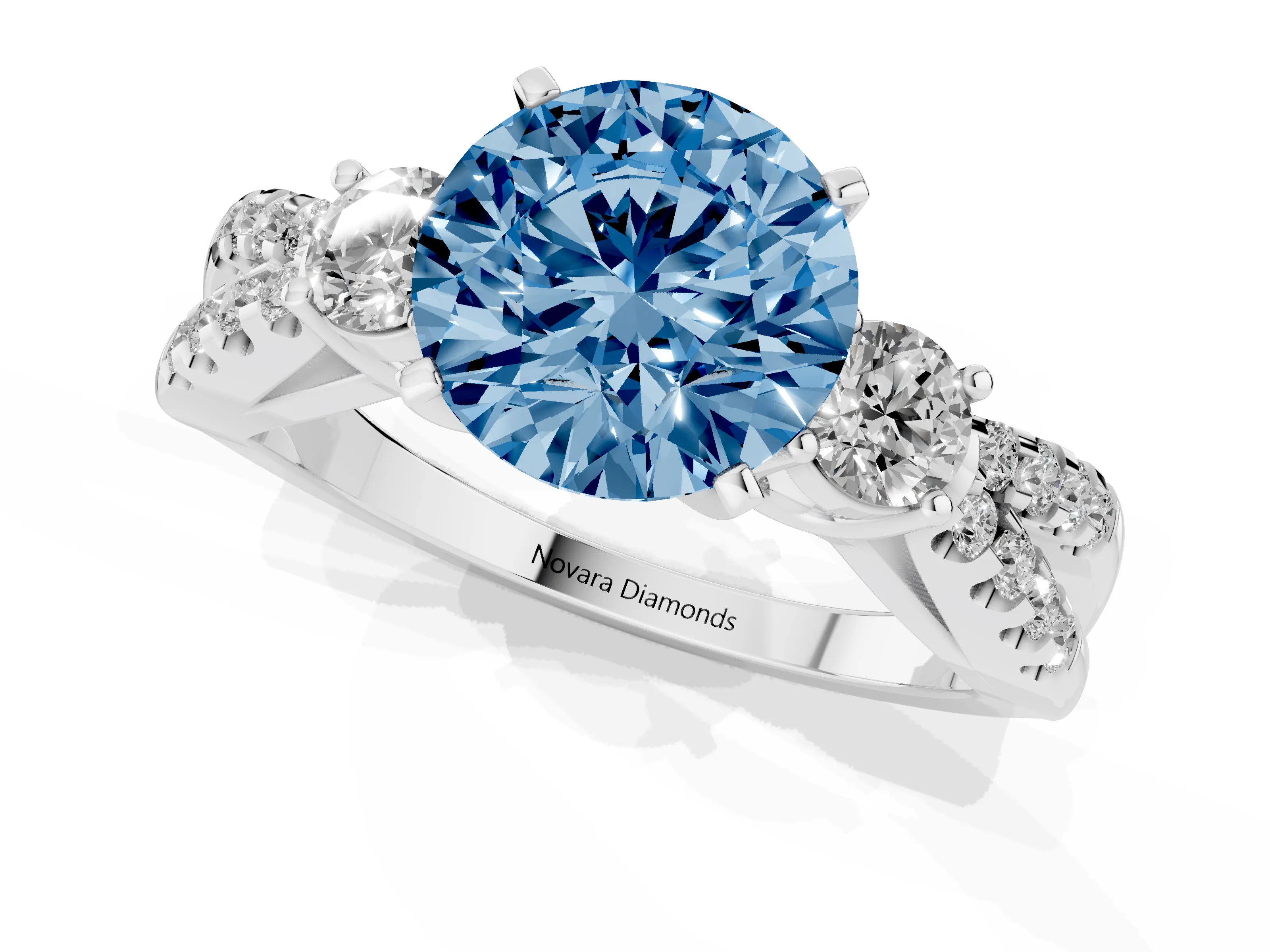 Fancy Blue Round Cut Diamond Three-Stone Ring Set in Silver with Pavé Split Shank and Prong Setting