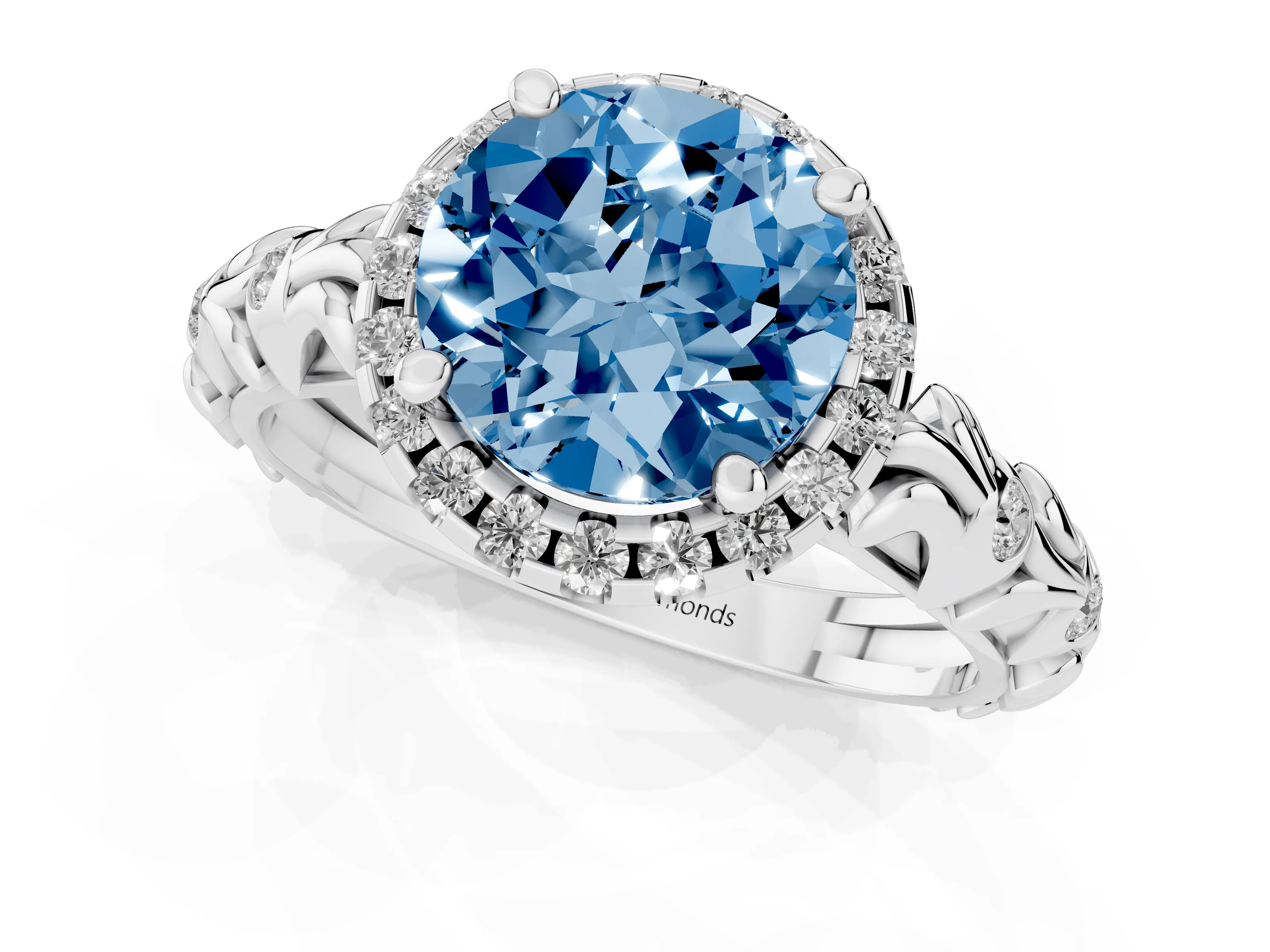 Fancy Blue Round Cut Diamond Halo Ring Set in Platinum with Filigree Leaf Band and Prong Setting