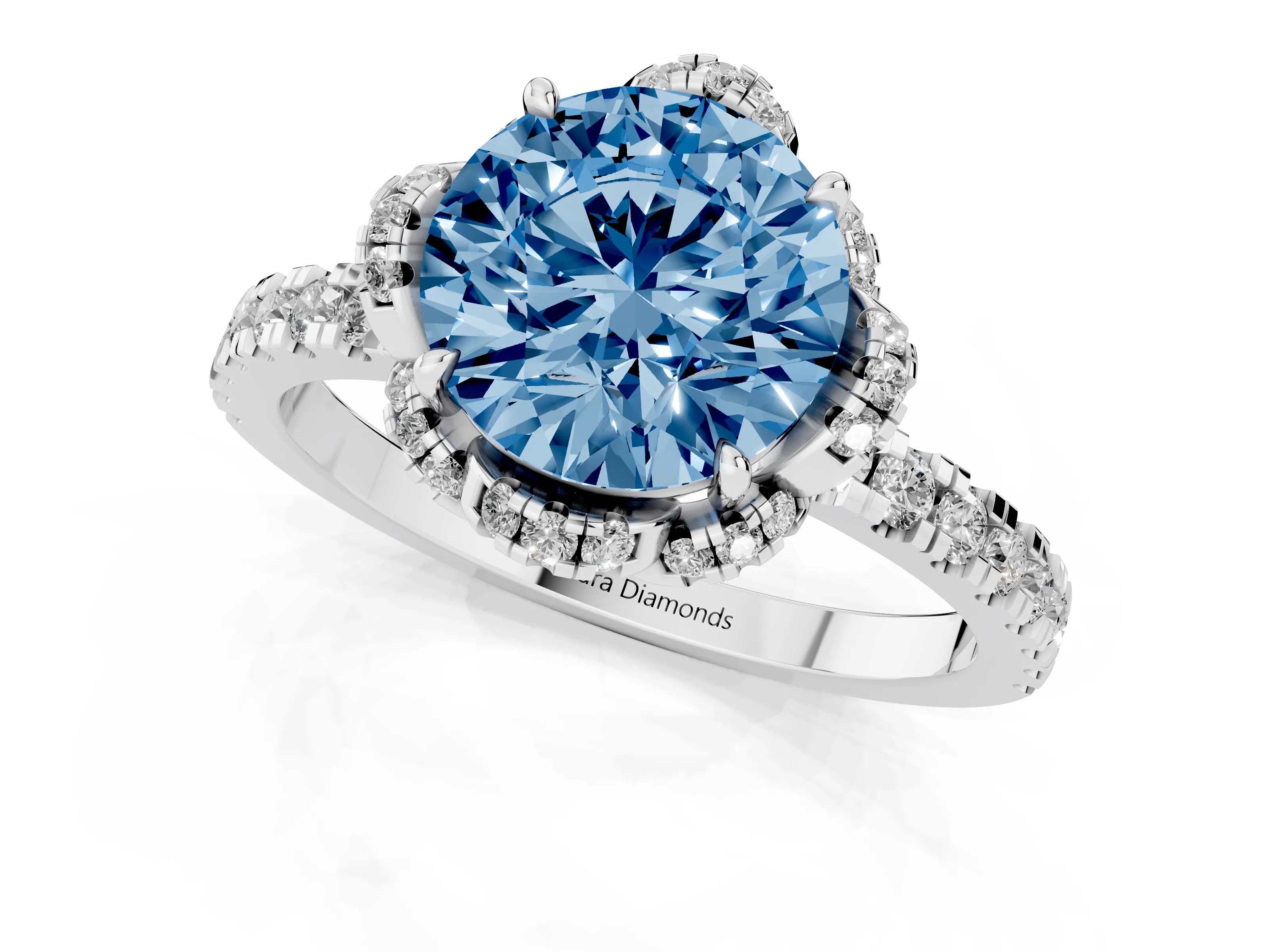 Fancy Blue Round Cut Diamond Halo Pavé Band Ring Set in Platinum with Prong-Held Center