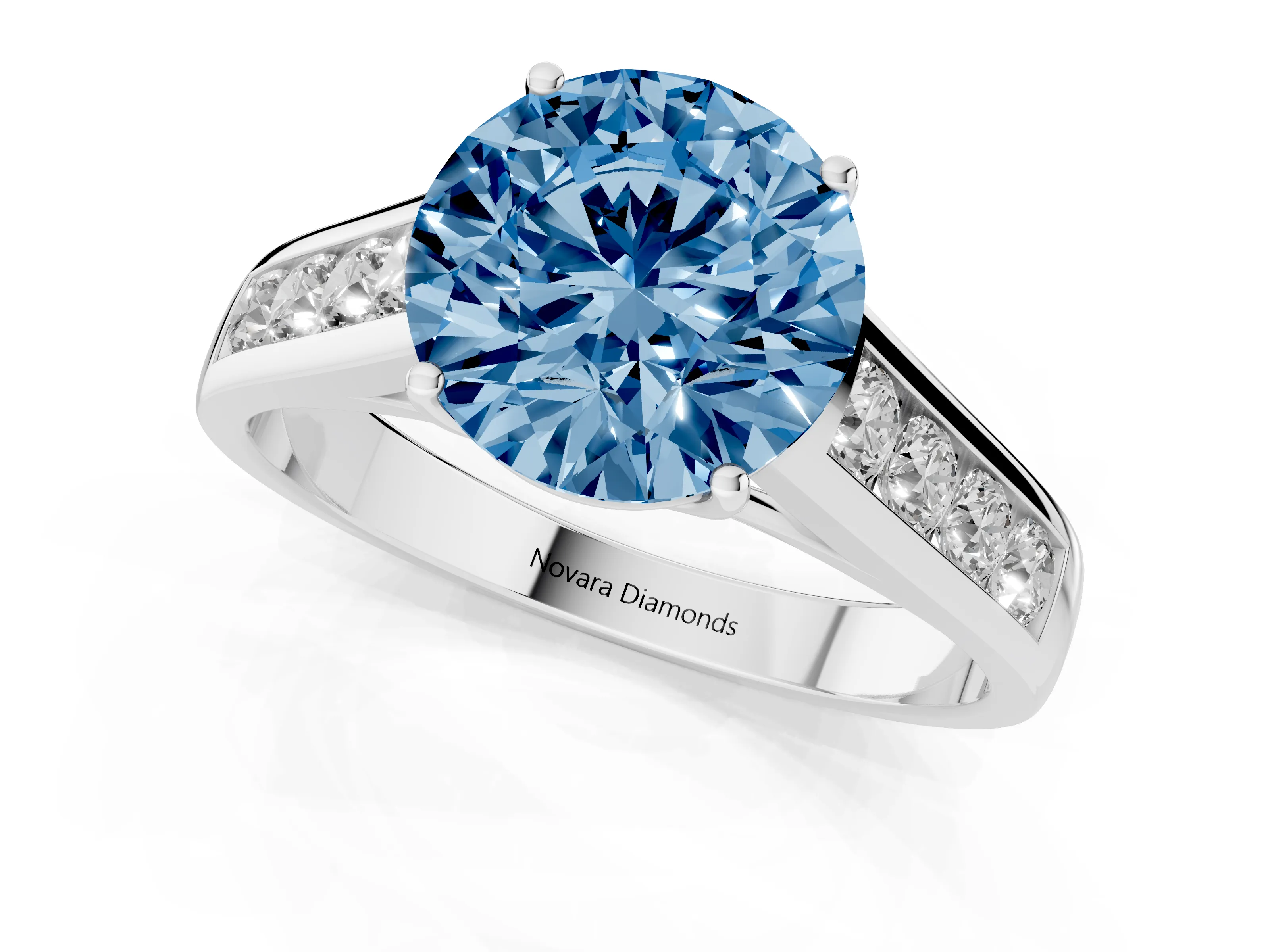 Fancy Blue Round Cut Diamond Solitaire Channel-Set Engagement Ring Set in Platinum with Prong Setting