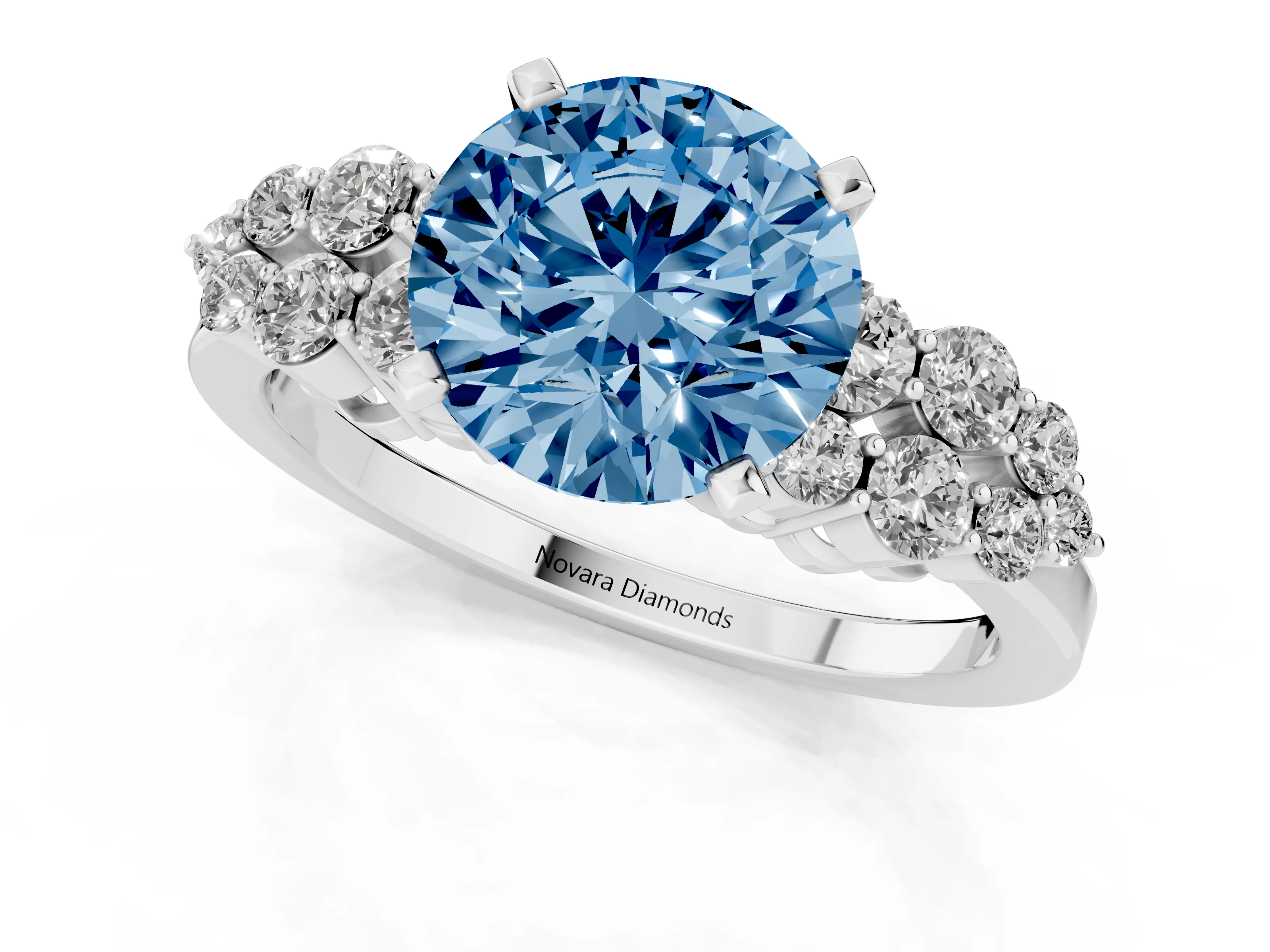 Fancy Blue Round Cut Diamond Cluster Engagement Ring Set in Silver with Pavé Band and Prong Setting