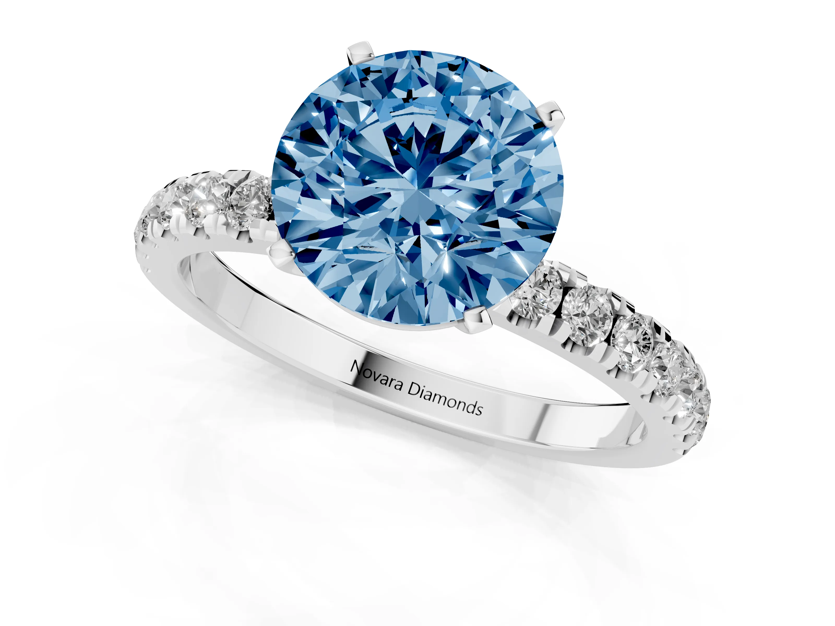 Fancy Blue Round Cut Diamond Solitaire Ring Set in Silver with Pavé Accents and Prong Setting