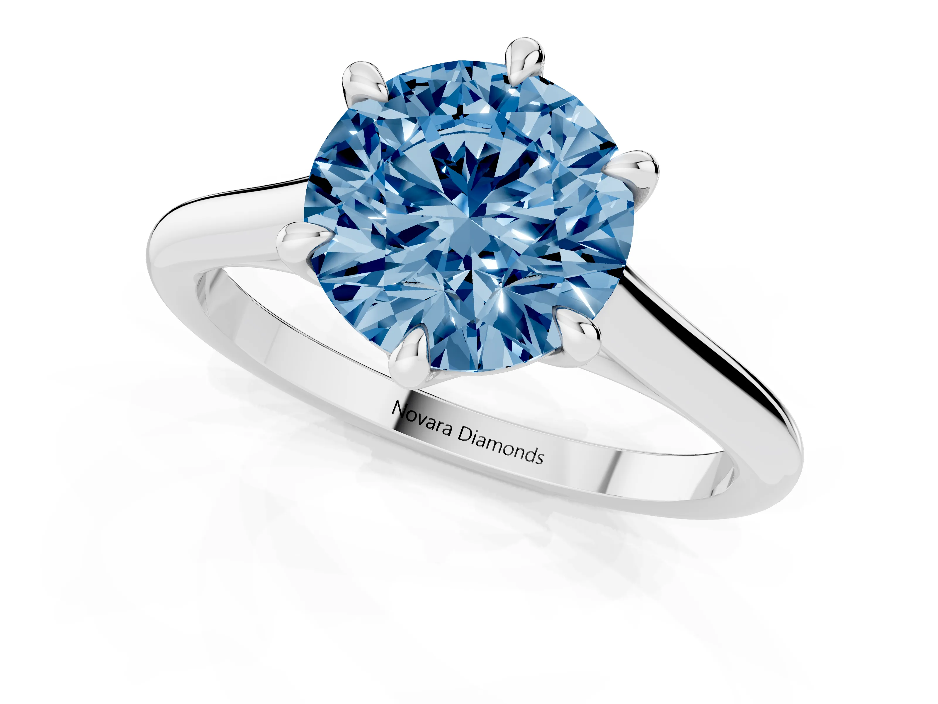 Fancy Blue Round Cut Diamond Solitaire Engagement Ring Set in Platinum with Prong Setting and Plain Classic Band